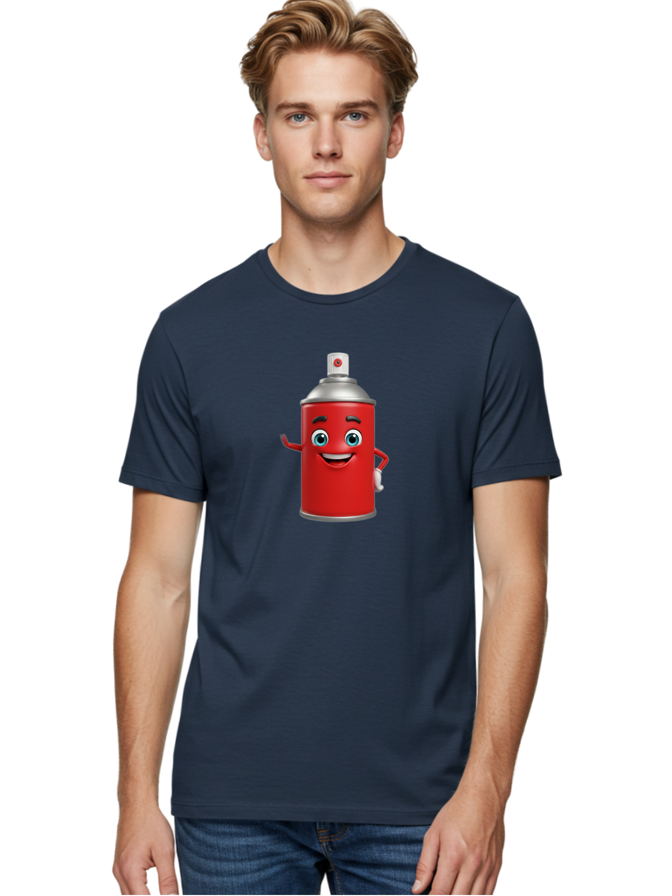 Spray-Can Men'S Graphic Tee, 100% Cotton, Comfortable Casual Summer Wear, Machine Washable, Cartoon Spray Paint Can, Red Color, Silver Cap, Smiling Face, Blue Eyes, Red And White Nozzle, Hand-Holding Gesture, Street Art, Graffiti, Bad691
