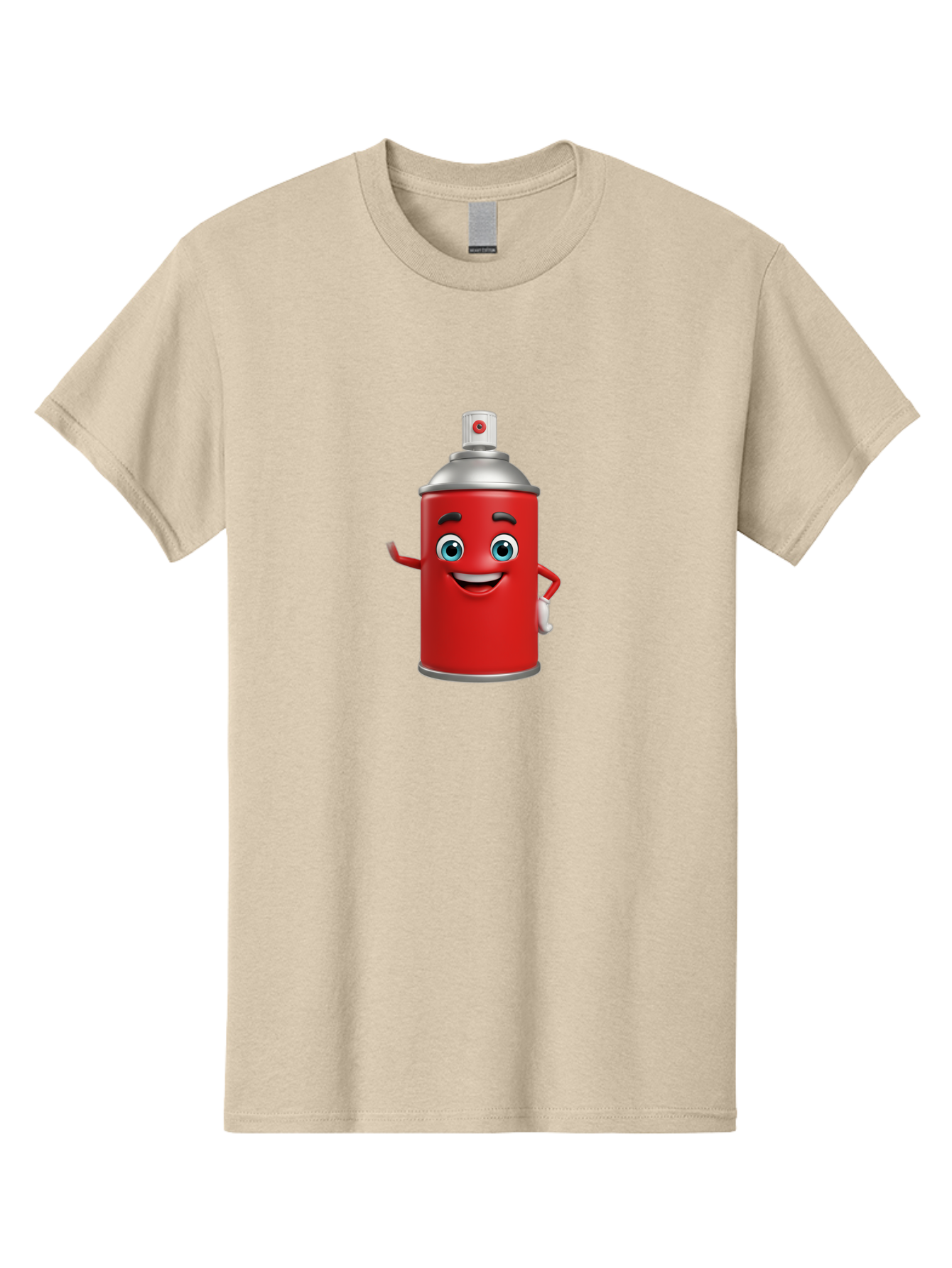Spray-Can Men'S Graphic Tee, 100% Cotton, Comfortable Casual Summer Wear, Machine Washable, Cartoon Spray Paint Can, Red Color, Silver Cap, Smiling Face, Blue Eyes, Red And White Nozzle, Hand-Holding Gesture, Street Art, Graffiti, Bad691