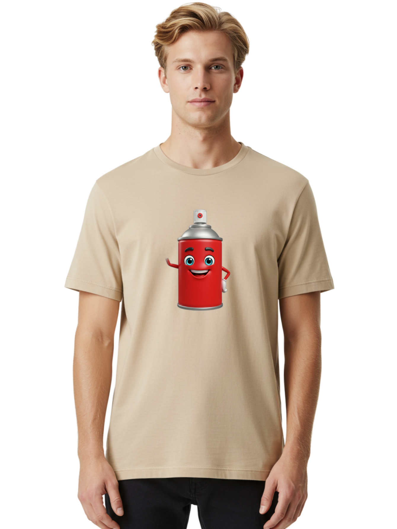 Spray-Can Men'S Graphic Tee, 100% Cotton, Comfortable Casual Summer Wear, Machine Washable, Cartoon Spray Paint Can, Red Color, Silver Cap, Smiling Face, Blue Eyes, Red And White Nozzle, Hand-Holding Gesture, Street Art, Graffiti, Bad691