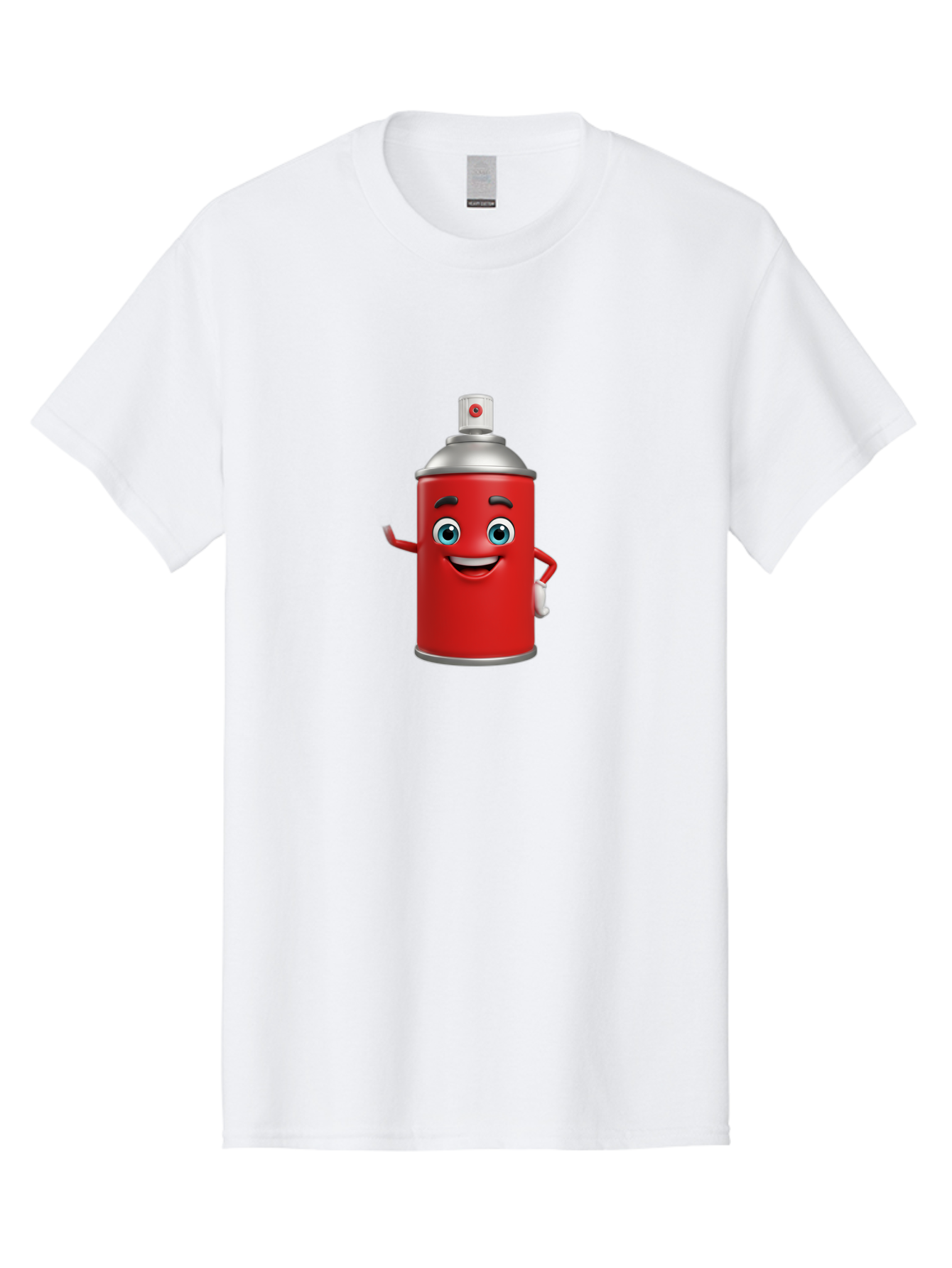Spray-Can Men'S Graphic Tee, 100% Cotton, Comfortable Casual Summer Wear, Machine Washable, Cartoon Spray Paint Can, Red Color, Silver Cap, Smiling Face, Blue Eyes, Red And White Nozzle, Hand-Holding Gesture, Street Art, Graffiti, Bad691