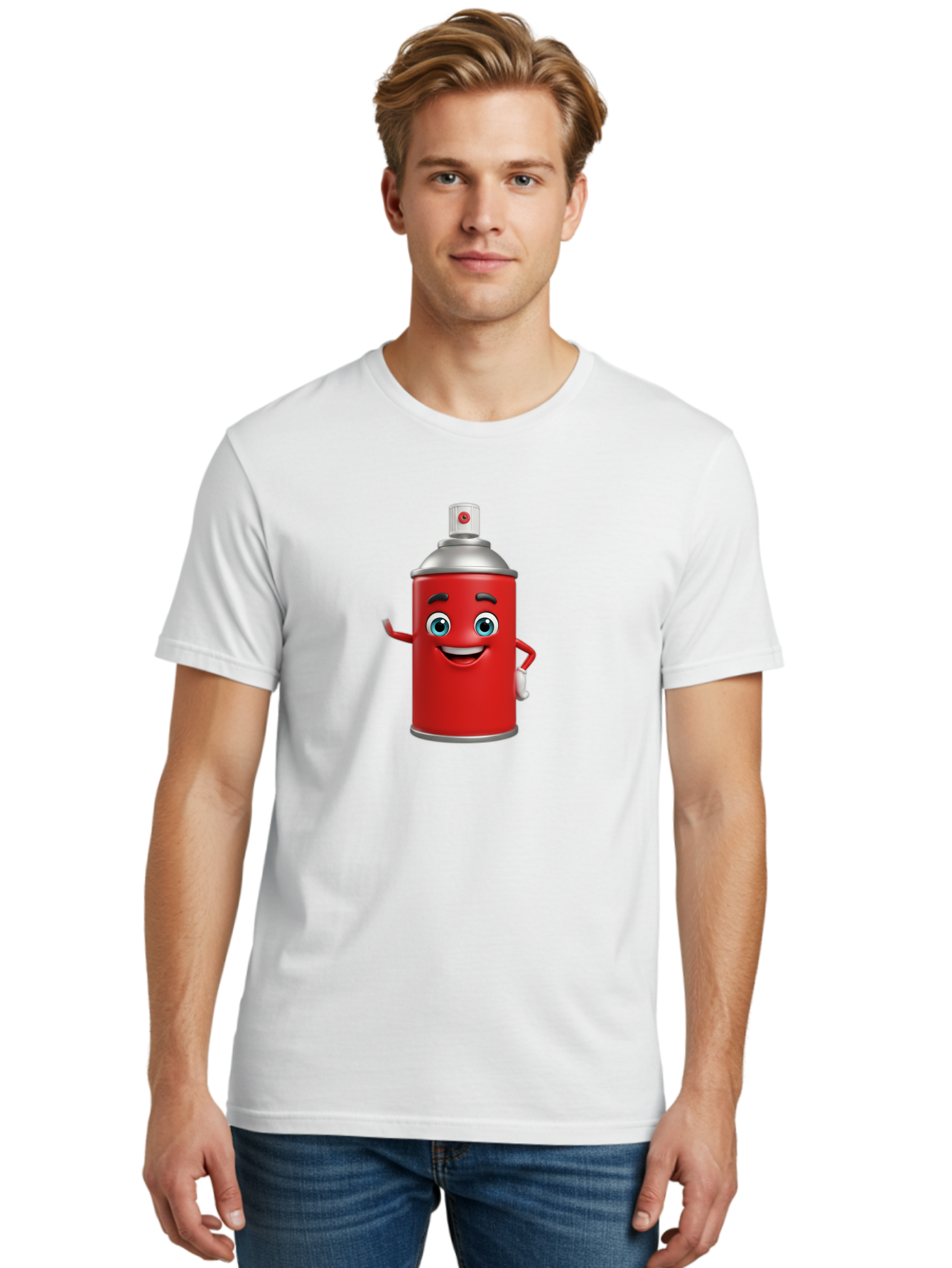 Spray-Can Men'S Graphic Tee, 100% Cotton, Comfortable Casual Summer Wear, Machine Washable, Cartoon Spray Paint Can, Red Color, Silver Cap, Smiling Face, Blue Eyes, Red And White Nozzle, Hand-Holding Gesture, Street Art, Graffiti, Bad691