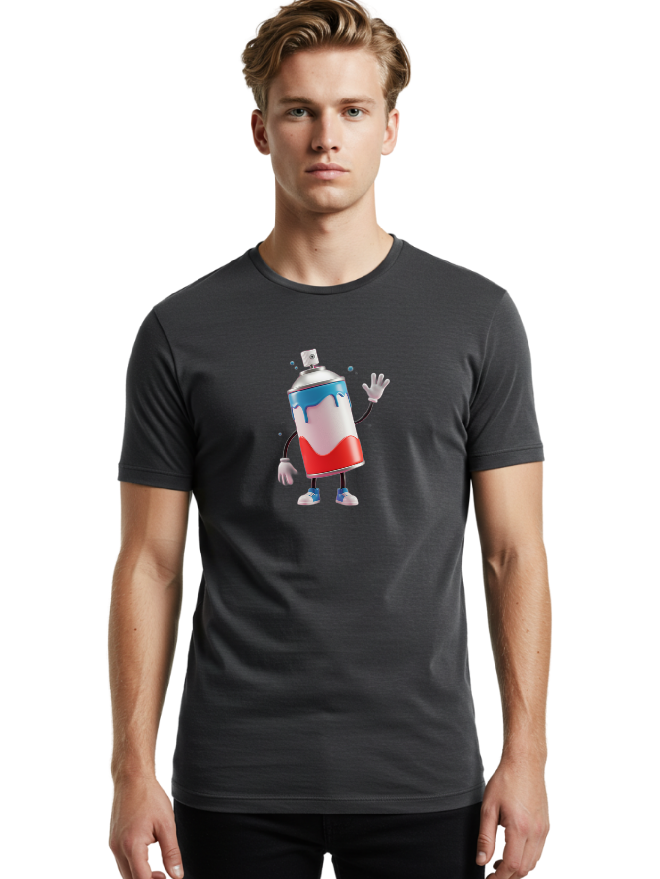 Spray-Paint-Can-Character-1 Men'S Graphic Tee, 100% Cotton, Comfortable Casual Summer Wear, Machine Washable, Cartoon Spray Can, Red White And Blue Paint, Graffiti Art, Street Art Supplies, Vibrant Colors, Animated Character, 3D Illustration, Bad692