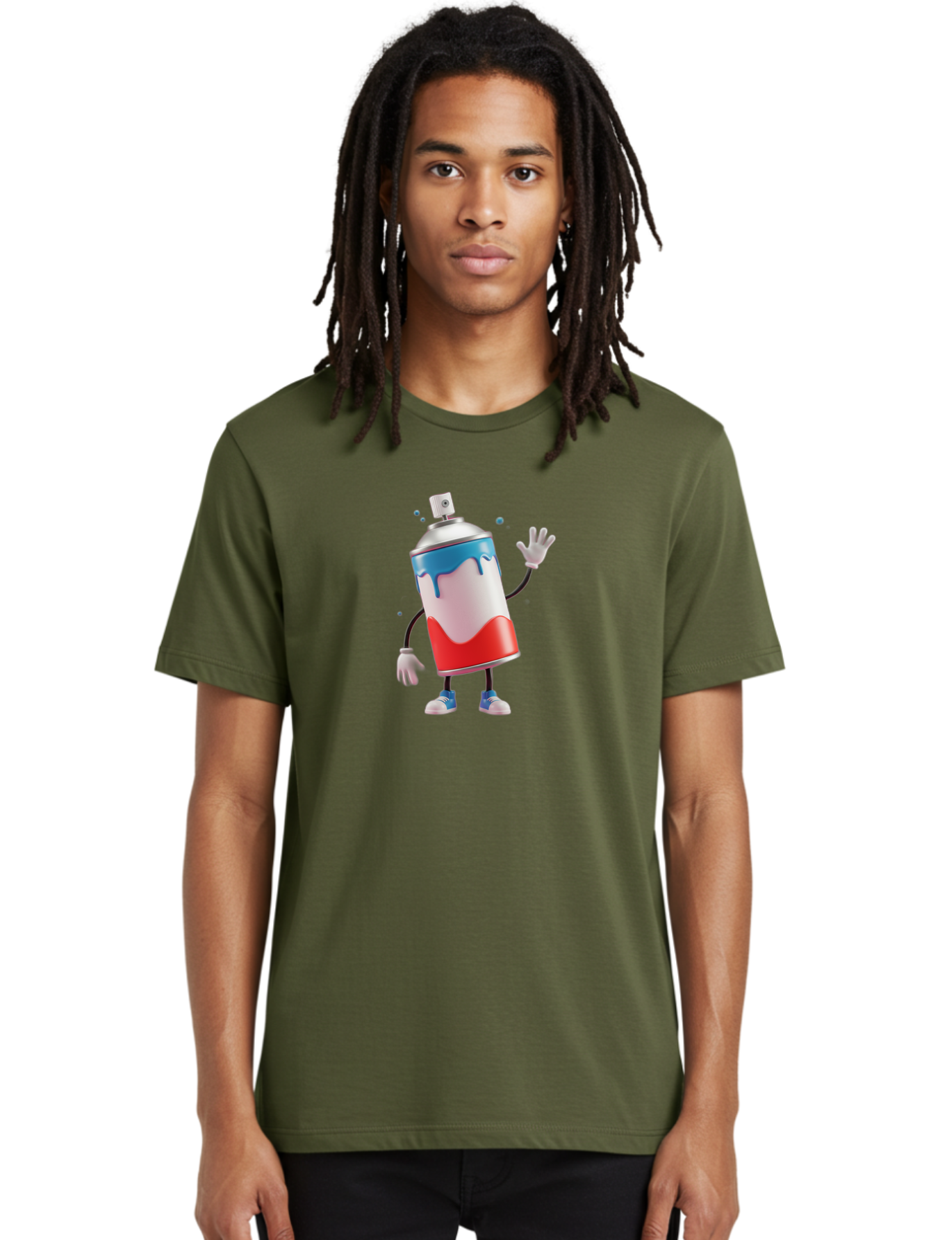 Spray-Paint-Can-Character-1 Men'S Graphic Tee, 100% Cotton, Comfortable Casual Summer Wear, Machine Washable, Cartoon Spray Can, Red White And Blue Paint, Graffiti Art, Street Art Supplies, Vibrant Colors, Animated Character, 3D Illustration, Bad692