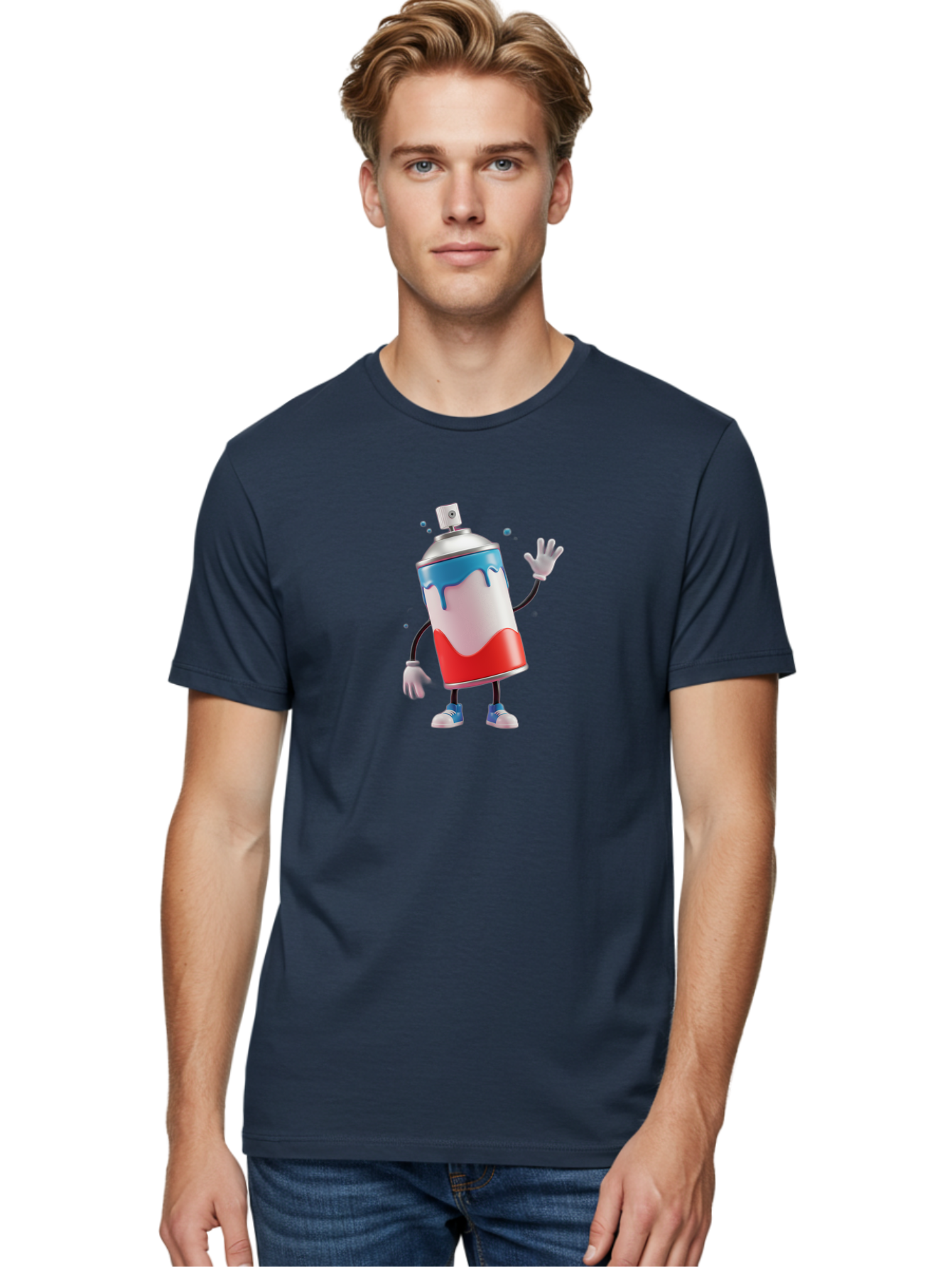 Spray-Paint-Can-Character-1 Men'S Graphic Tee, 100% Cotton, Comfortable Casual Summer Wear, Machine Washable, Cartoon Spray Can, Red White And Blue Paint, Graffiti Art, Street Art Supplies, Vibrant Colors, Animated Character, 3D Illustration, Bad692