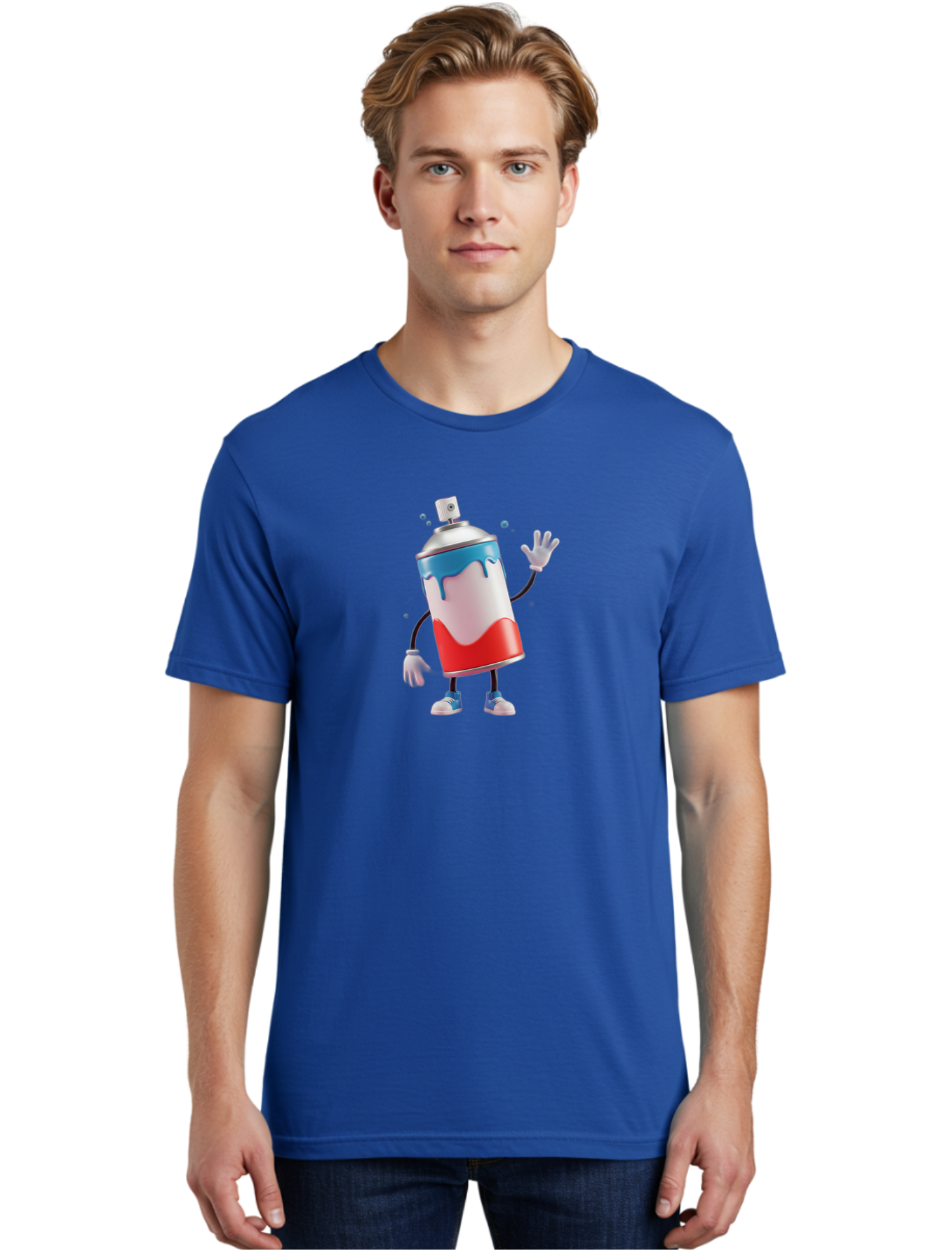Spray-Paint-Can-Character-1 Men'S Graphic Tee, 100% Cotton, Comfortable Casual Summer Wear, Machine Washable, Cartoon Spray Can, Red White And Blue Paint, Graffiti Art, Street Art Supplies, Vibrant Colors, Animated Character, 3D Illustration, Bad692