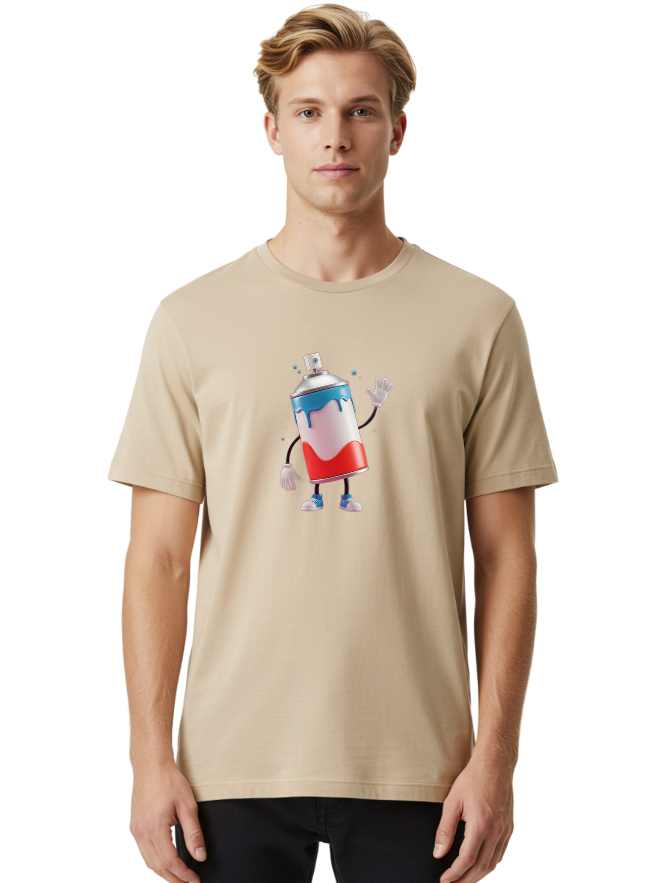 Spray-Paint-Can-Character-1 Men'S Graphic Tee, 100% Cotton, Comfortable Casual Summer Wear, Machine Washable, Cartoon Spray Can, Red White And Blue Paint, Graffiti Art, Street Art Supplies, Vibrant Colors, Animated Character, 3D Illustration, Bad692