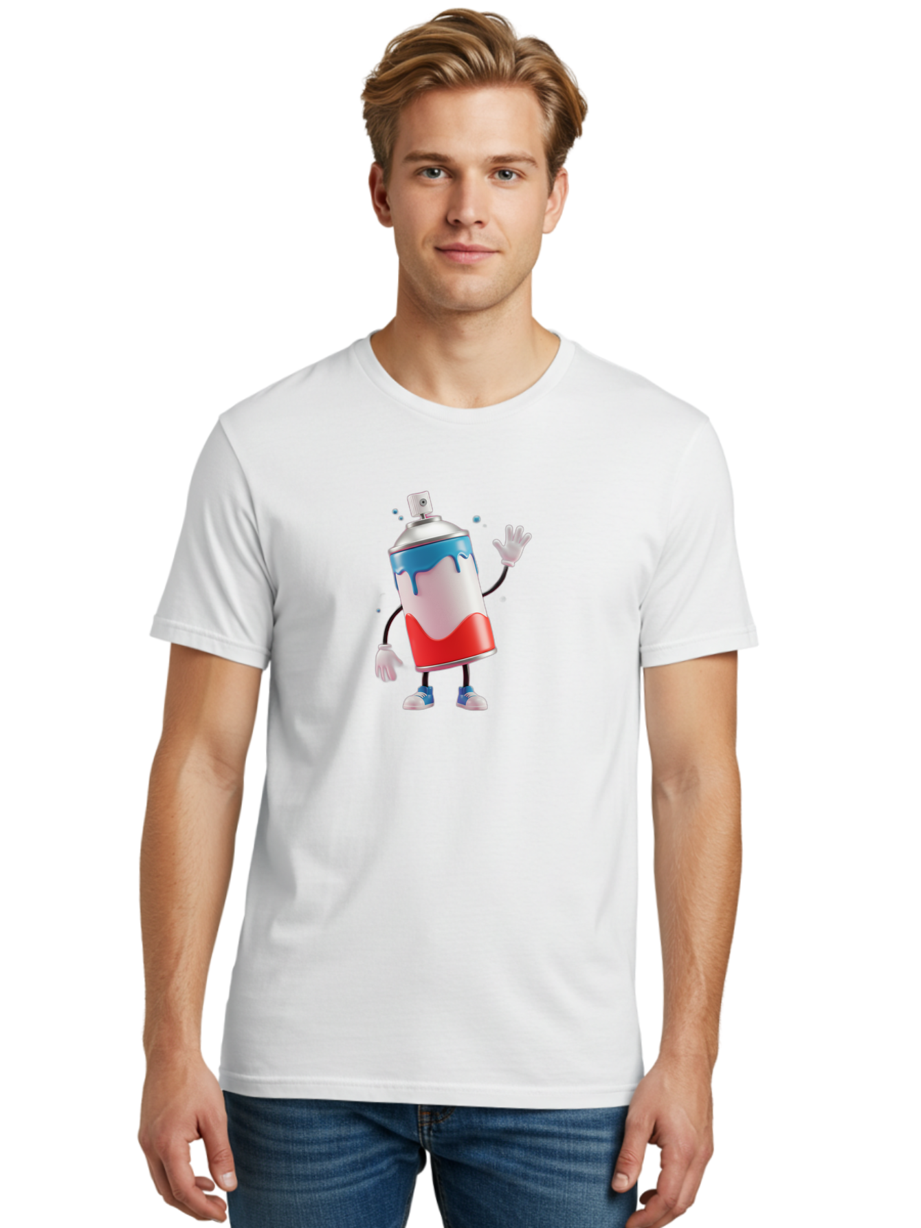 Spray-Paint-Can-Character-1 Men'S Graphic Tee, 100% Cotton, Comfortable Casual Summer Wear, Machine Washable, Cartoon Spray Can, Red White And Blue Paint, Graffiti Art, Street Art Supplies, Vibrant Colors, Animated Character, 3D Illustration, Bad692