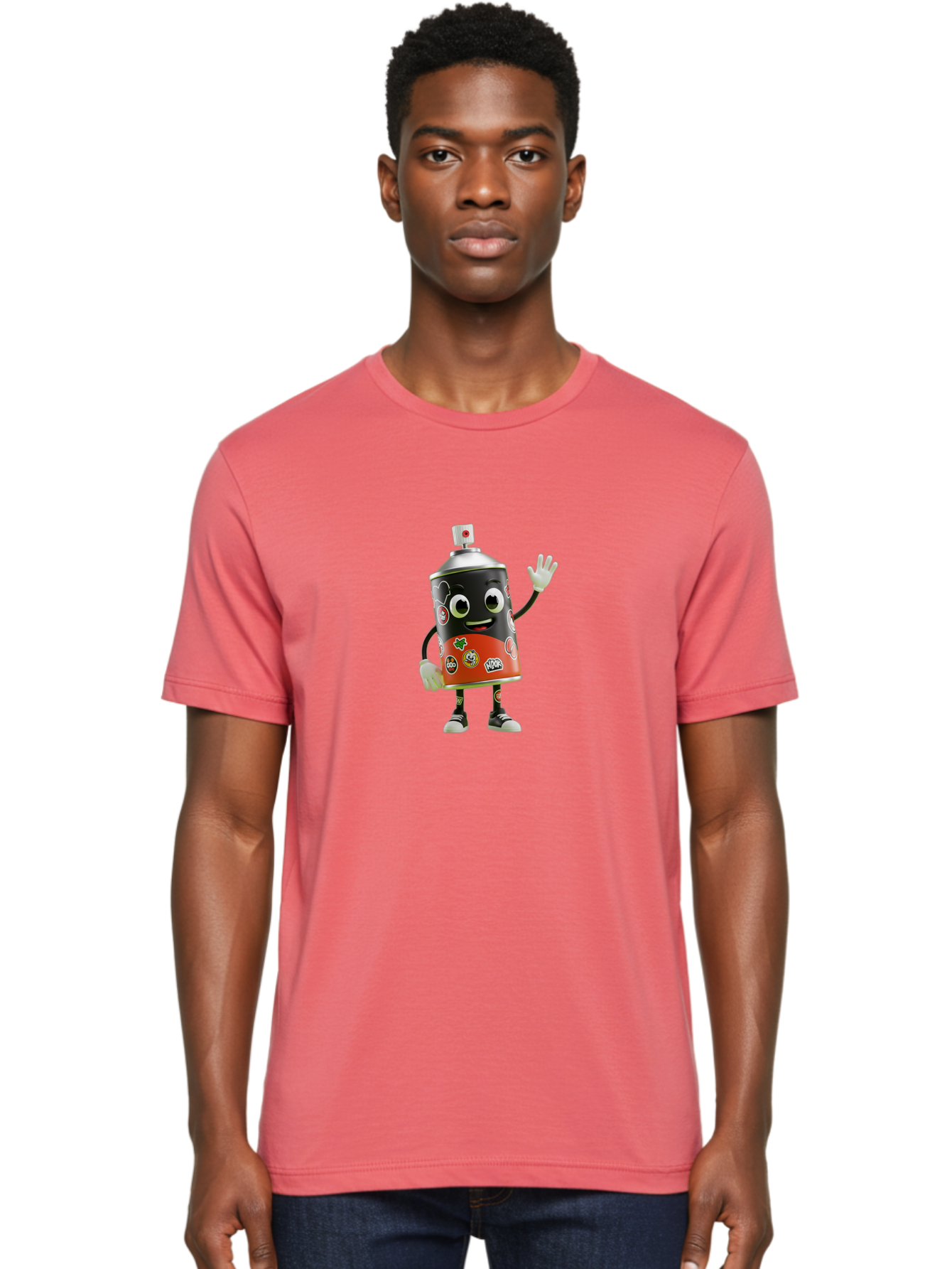 Spray-Paint-Can-Character-2 Men'S Graphic Tee, 100% Cotton, Comfortable Casual Summer Wear, Machine Washable, Cartoon Spray Can, Black And Red Design, Stickers, Smiling Face, Waving Hand, Street Art, Graffiti, Urban Culture, Pop Art Style, Bad693