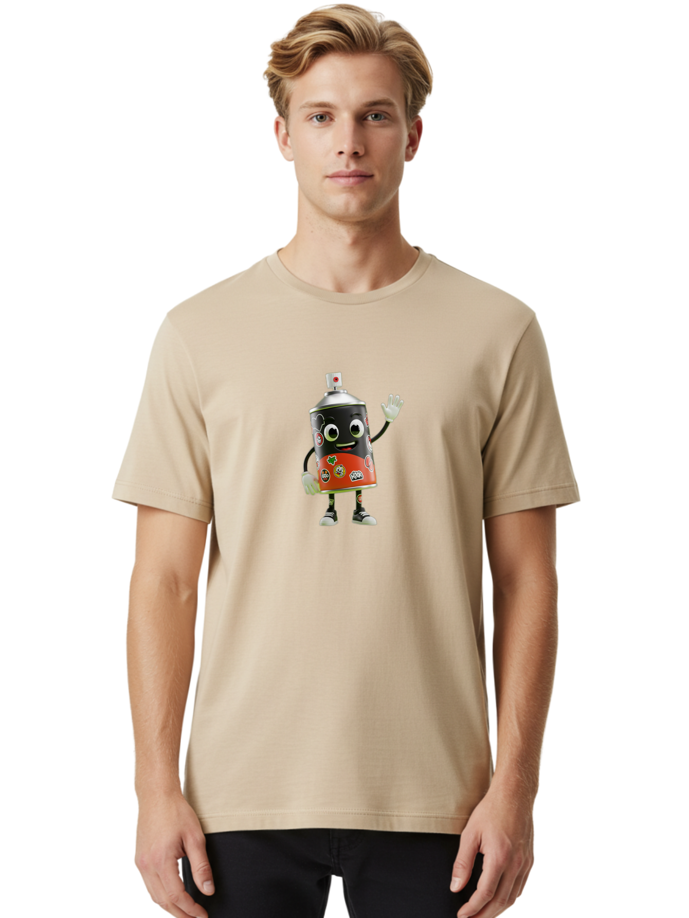 Spray-Paint-Can-Character-2 Men'S Graphic Tee, 100% Cotton, Comfortable Casual Summer Wear, Machine Washable, Cartoon Spray Can, Black And Red Design, Stickers, Smiling Face, Waving Hand, Street Art, Graffiti, Urban Culture, Pop Art Style, Bad693
