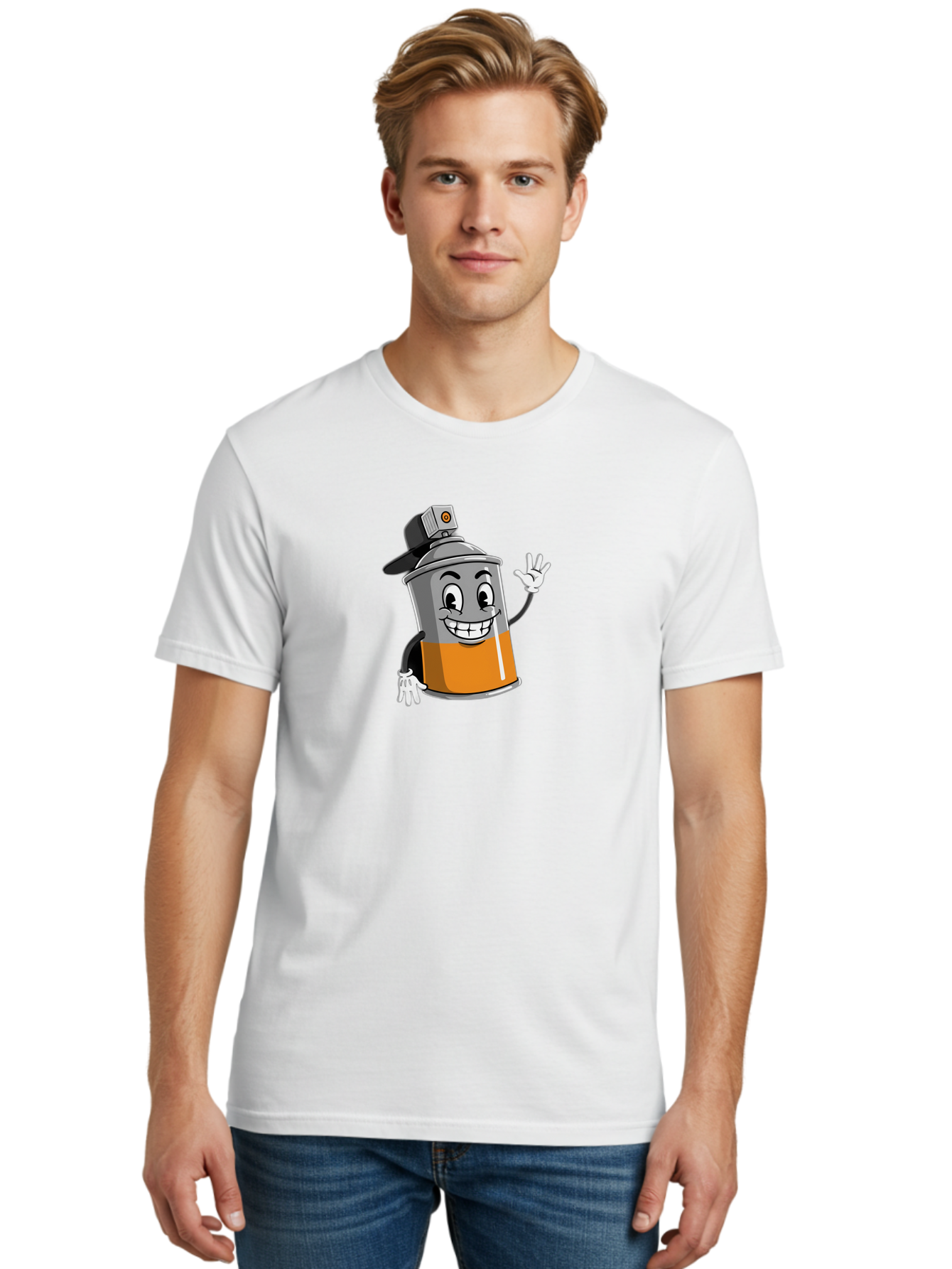 Spray-Paint-Can Men'S Graphic Tee, 100% Cotton, Comfortable Casual Summer Wear, Machine Washable, Cartoon Character, Spray Paint Can, Smiling Face, Street Art, Graffiti, Vibrant Colors, Playful Design, Happy Vibe Bad695