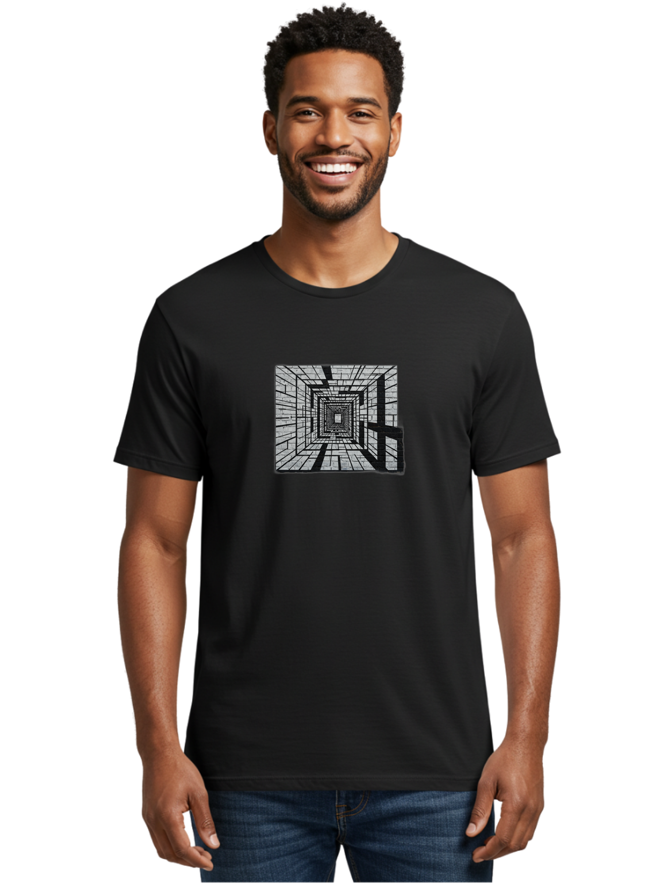 Square-Tunnel Men'S Graphic Tee, 100% Cotton, Comfortable Casual Summer Wear, Machine Washable, 3D Illustration, Rectangular Tunnel, Brick Walls, Vanishing Point, Optical Illusion, Abstract Art, Geometric Shapes, Black And White, Stencil Art, Bad696