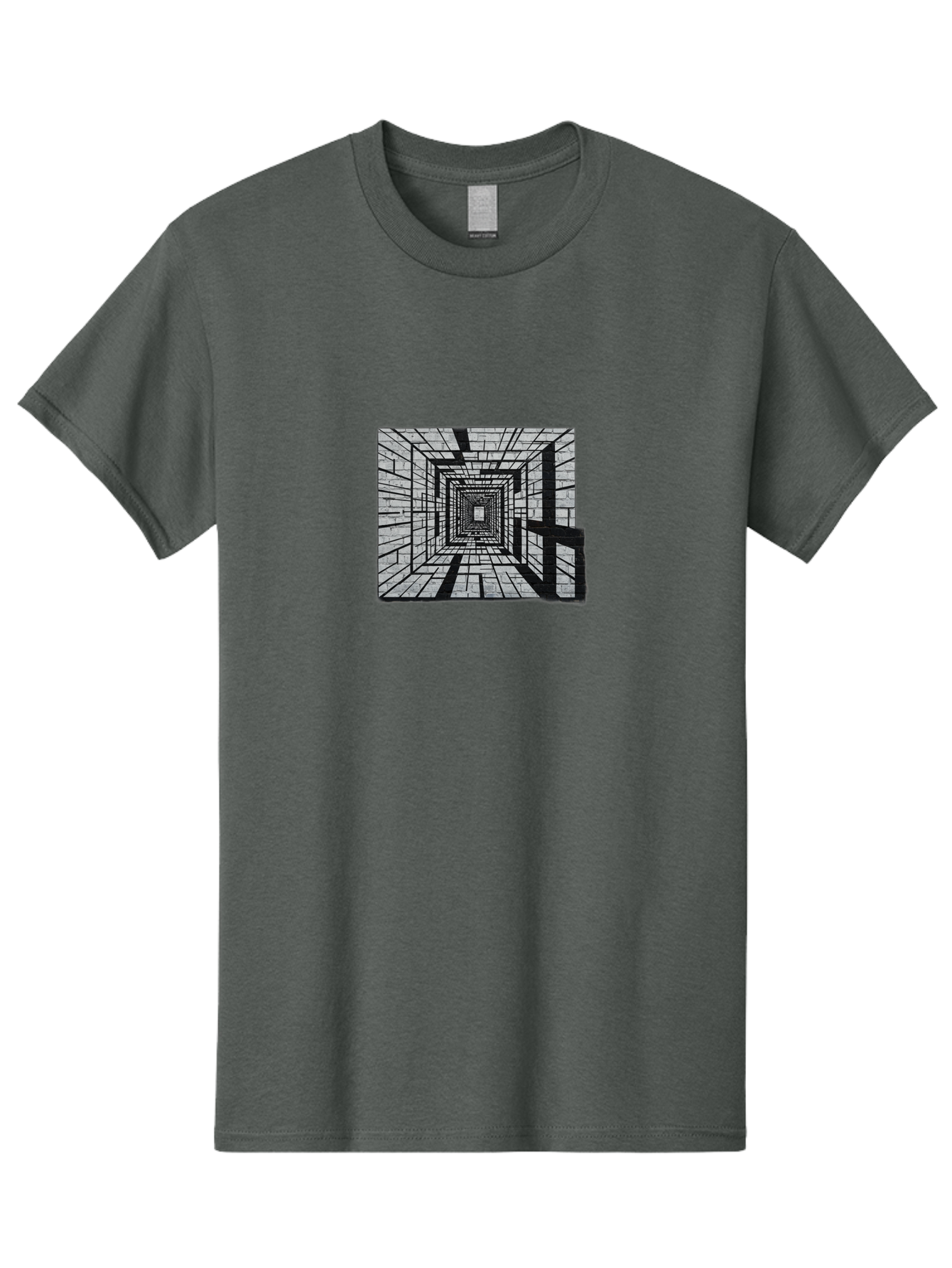 Square-Tunnel Men'S Graphic Tee, 100% Cotton, Comfortable Casual Summer Wear, Machine Washable, 3D Illustration, Rectangular Tunnel, Brick Walls, Vanishing Point, Optical Illusion, Abstract Art, Geometric Shapes, Black And White, Stencil Art, Bad696
