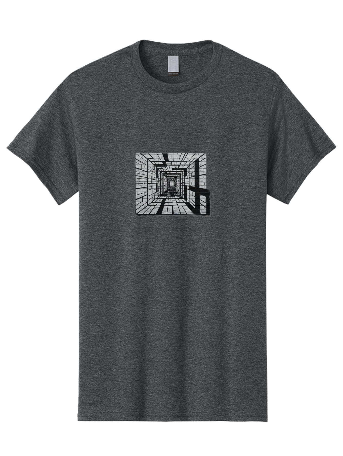 Square-Tunnel Men'S Graphic Tee, 100% Cotton, Comfortable Casual Summer Wear, Machine Washable, 3D Illustration, Rectangular Tunnel, Brick Walls, Vanishing Point, Optical Illusion, Abstract Art, Geometric Shapes, Black And White, Stencil Art, Bad696