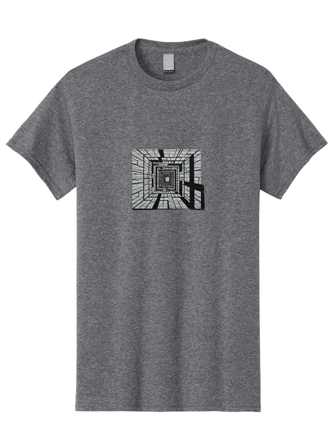 Square-Tunnel Men'S Graphic Tee, 100% Cotton, Comfortable Casual Summer Wear, Machine Washable, 3D Illustration, Rectangular Tunnel, Brick Walls, Vanishing Point, Optical Illusion, Abstract Art, Geometric Shapes, Black And White, Stencil Art, Bad696