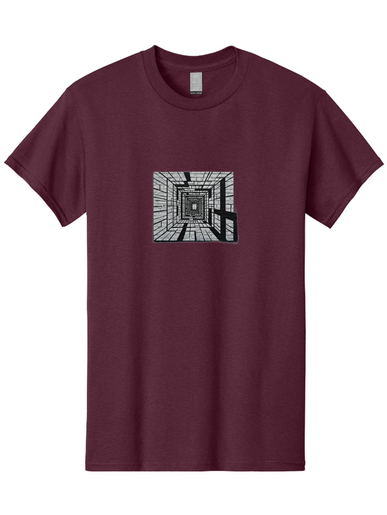Square-Tunnel Men'S Graphic Tee, 100% Cotton, Comfortable Casual Summer Wear, Machine Washable, 3D Illustration, Rectangular Tunnel, Brick Walls, Vanishing Point, Optical Illusion, Abstract Art, Geometric Shapes, Black And White, Stencil Art, Bad696