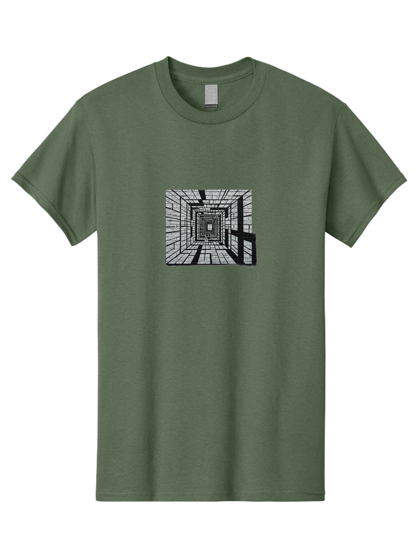 Square-Tunnel Men'S Graphic Tee, 100% Cotton, Comfortable Casual Summer Wear, Machine Washable, 3D Illustration, Rectangular Tunnel, Brick Walls, Vanishing Point, Optical Illusion, Abstract Art, Geometric Shapes, Black And White, Stencil Art, Bad696