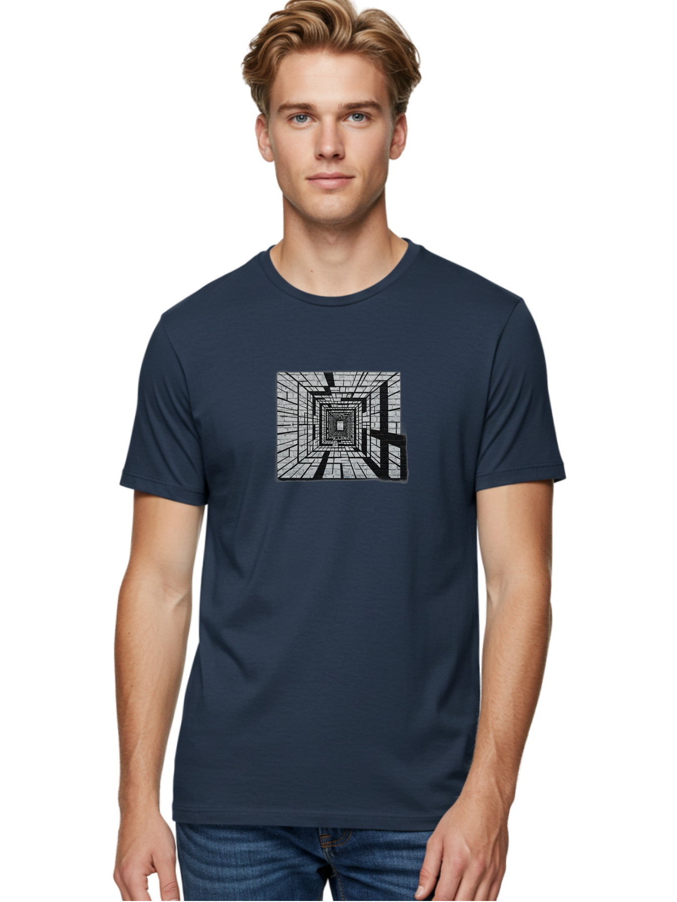 Square-Tunnel Men'S Graphic Tee, 100% Cotton, Comfortable Casual Summer Wear, Machine Washable, 3D Illustration, Rectangular Tunnel, Brick Walls, Vanishing Point, Optical Illusion, Abstract Art, Geometric Shapes, Black And White, Stencil Art, Bad696