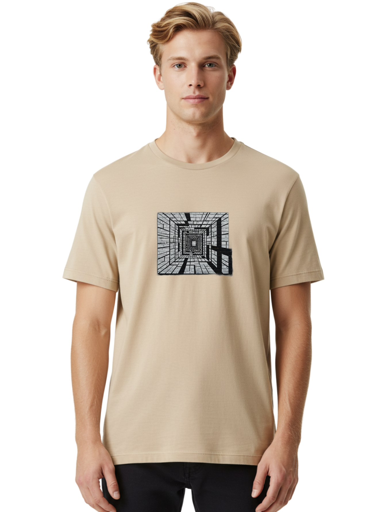 Square-Tunnel Men'S Graphic Tee, 100% Cotton, Comfortable Casual Summer Wear, Machine Washable, 3D Illustration, Rectangular Tunnel, Brick Walls, Vanishing Point, Optical Illusion, Abstract Art, Geometric Shapes, Black And White, Stencil Art, Bad696