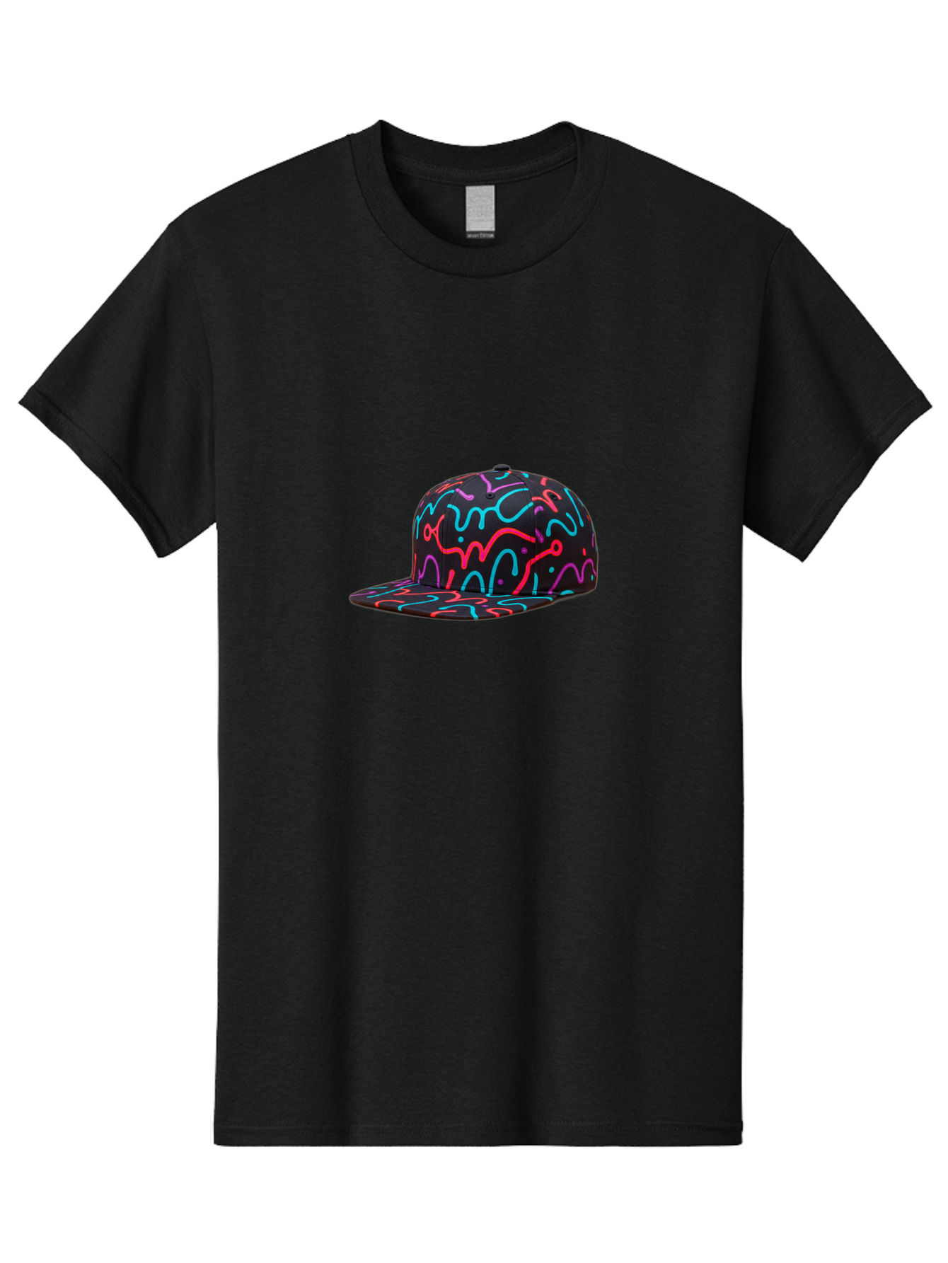 Squiggly-Baseball-Cap Men'S Graphic Tee, 100% Cotton, Comfortable Casual Summer Wear, Machine Washable, Snapback Hat, Neon Squiggles, Black Hat, Vibrant Colors, Streetwear Fashion, Trendy Accessories, Casual Style, Hat Fashion Bad697