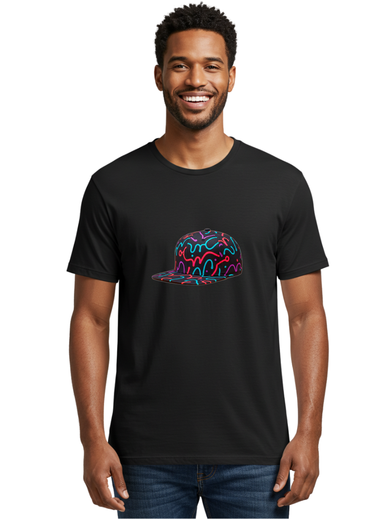 Squiggly-Baseball-Cap Men'S Graphic Tee, 100% Cotton, Comfortable Casual Summer Wear, Machine Washable, Snapback Hat, Neon Squiggles, Black Hat, Vibrant Colors, Streetwear Fashion, Trendy Accessories, Casual Style, Hat Fashion Bad697