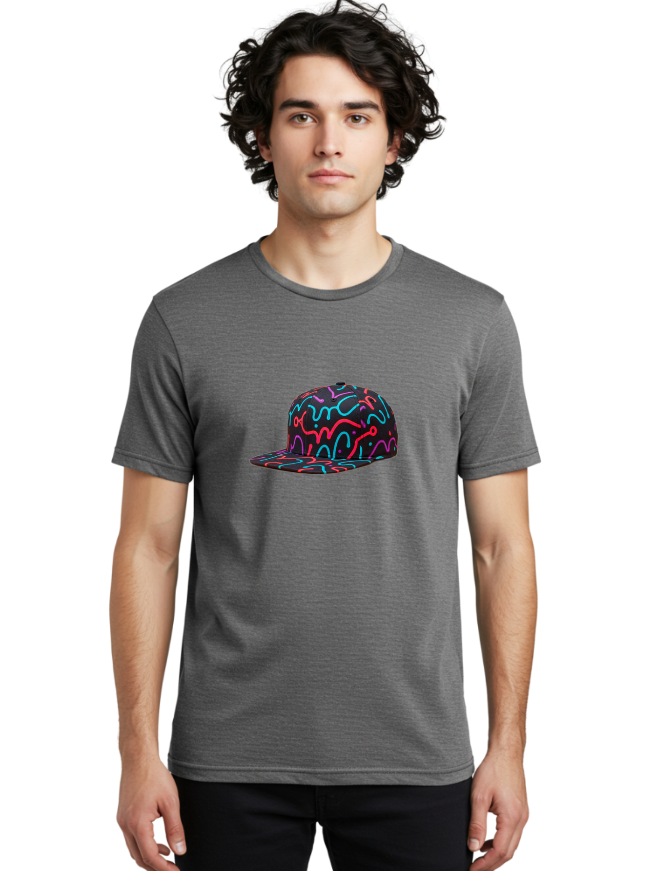 Squiggly-Baseball-Cap Men'S Graphic Tee, 100% Cotton, Comfortable Casual Summer Wear, Machine Washable, Snapback Hat, Neon Squiggles, Black Hat, Vibrant Colors, Streetwear Fashion, Trendy Accessories, Casual Style, Hat Fashion Bad697