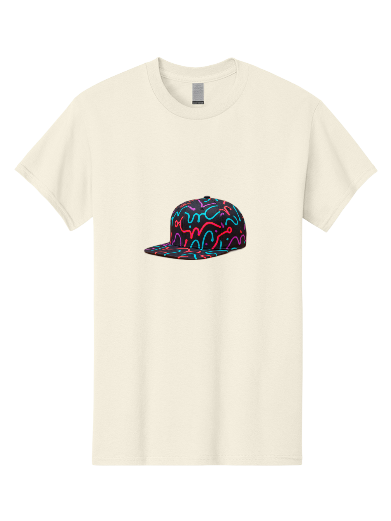 Squiggly-Baseball-Cap Men'S Graphic Tee, 100% Cotton, Comfortable Casual Summer Wear, Machine Washable, Snapback Hat, Neon Squiggles, Black Hat, Vibrant Colors, Streetwear Fashion, Trendy Accessories, Casual Style, Hat Fashion Bad697