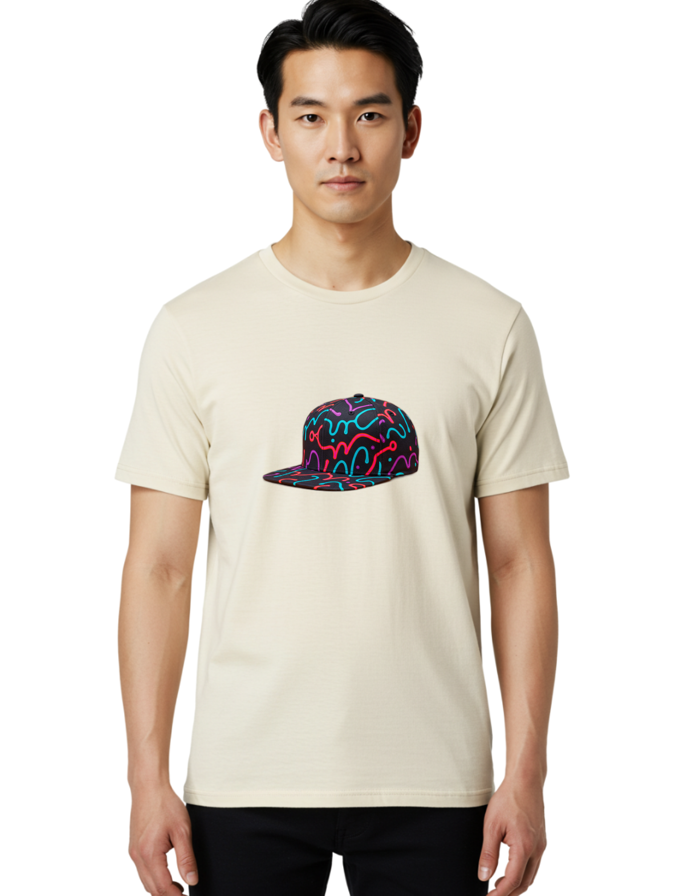 Squiggly-Baseball-Cap Men'S Graphic Tee, 100% Cotton, Comfortable Casual Summer Wear, Machine Washable, Snapback Hat, Neon Squiggles, Black Hat, Vibrant Colors, Streetwear Fashion, Trendy Accessories, Casual Style, Hat Fashion Bad697