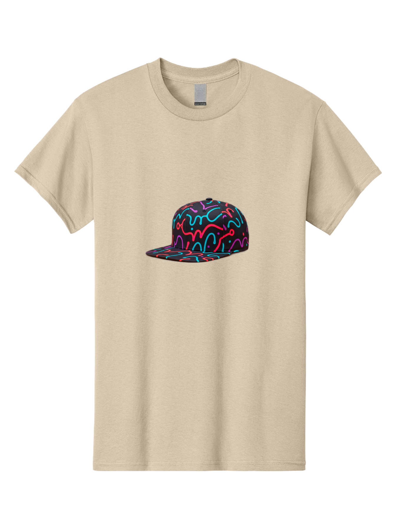 Squiggly-Baseball-Cap Men'S Graphic Tee, 100% Cotton, Comfortable Casual Summer Wear, Machine Washable, Snapback Hat, Neon Squiggles, Black Hat, Vibrant Colors, Streetwear Fashion, Trendy Accessories, Casual Style, Hat Fashion Bad697