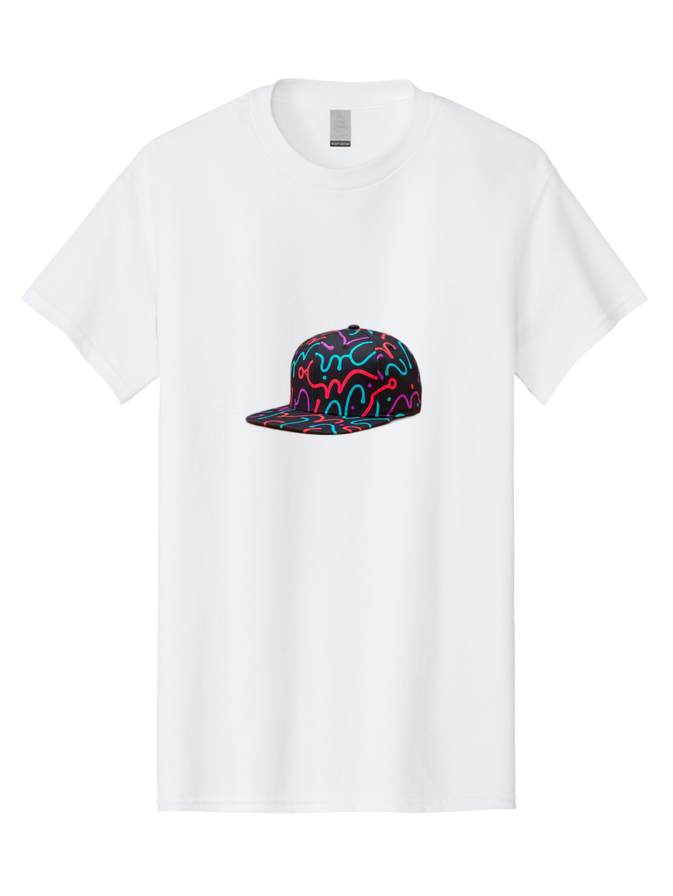 Squiggly-Baseball-Cap Men'S Graphic Tee, 100% Cotton, Comfortable Casual Summer Wear, Machine Washable, Snapback Hat, Neon Squiggles, Black Hat, Vibrant Colors, Streetwear Fashion, Trendy Accessories, Casual Style, Hat Fashion Bad697