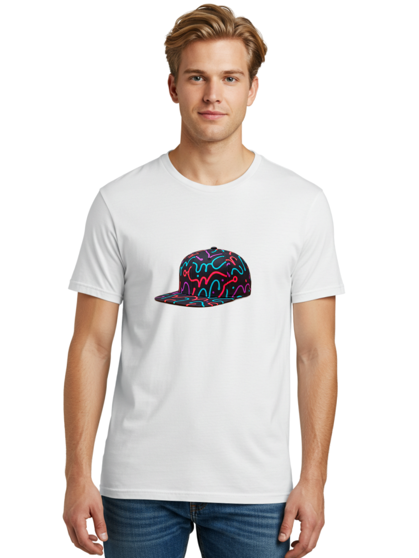 Squiggly-Baseball-Cap Men'S Graphic Tee, 100% Cotton, Comfortable Casual Summer Wear, Machine Washable, Snapback Hat, Neon Squiggles, Black Hat, Vibrant Colors, Streetwear Fashion, Trendy Accessories, Casual Style, Hat Fashion Bad697