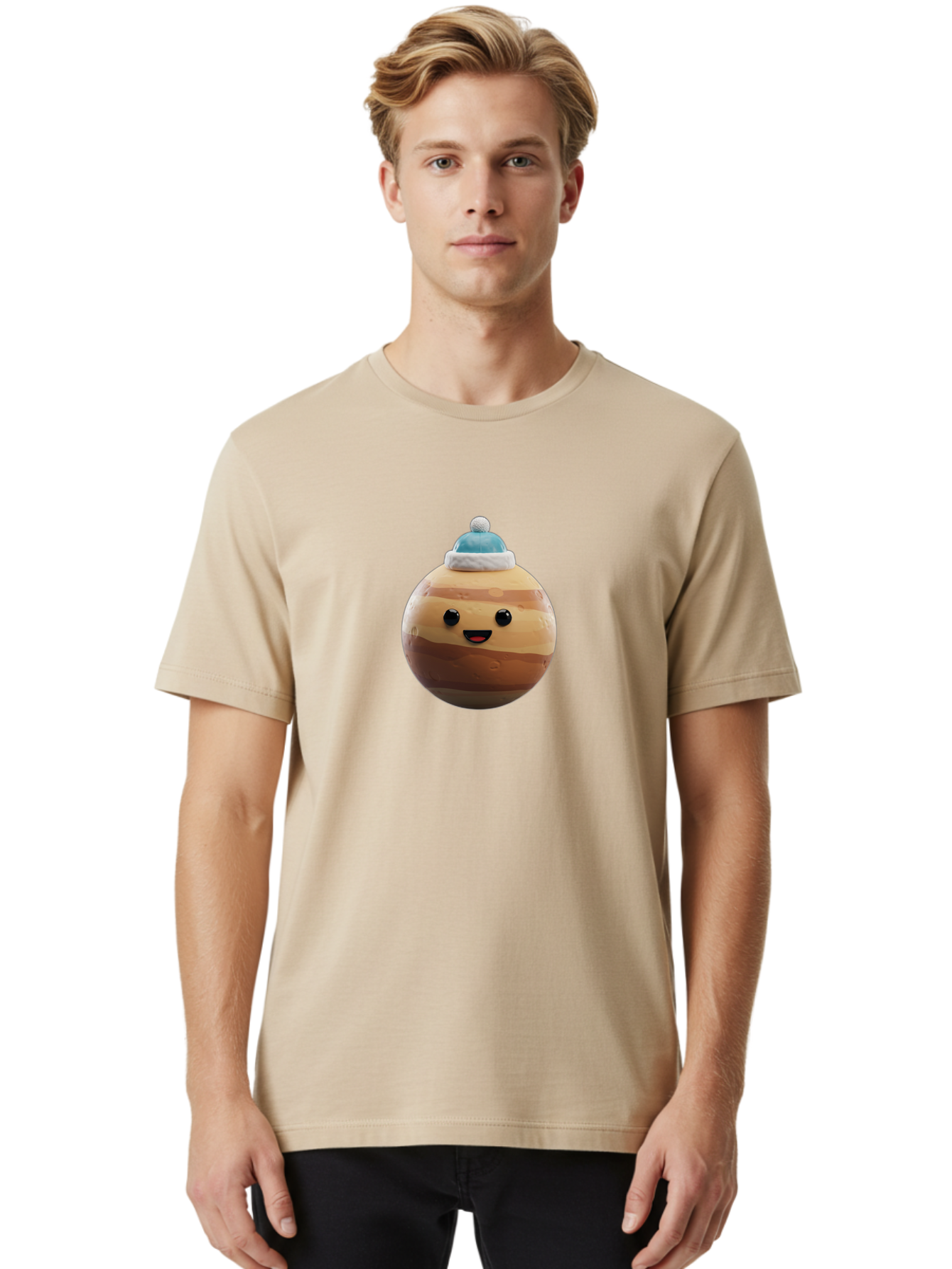 Squishmallow Men'S Graphic Tee, 100% Cotton, Comfortable Casual Summer Wear, Machine Washable, Cute Plush Toy, Squishmallow Character, Caramel Color, Blue Beanie, Soft Texture, Cheerful Face, Round Shape, Squishy Toy, Collectible Plush, Bad699