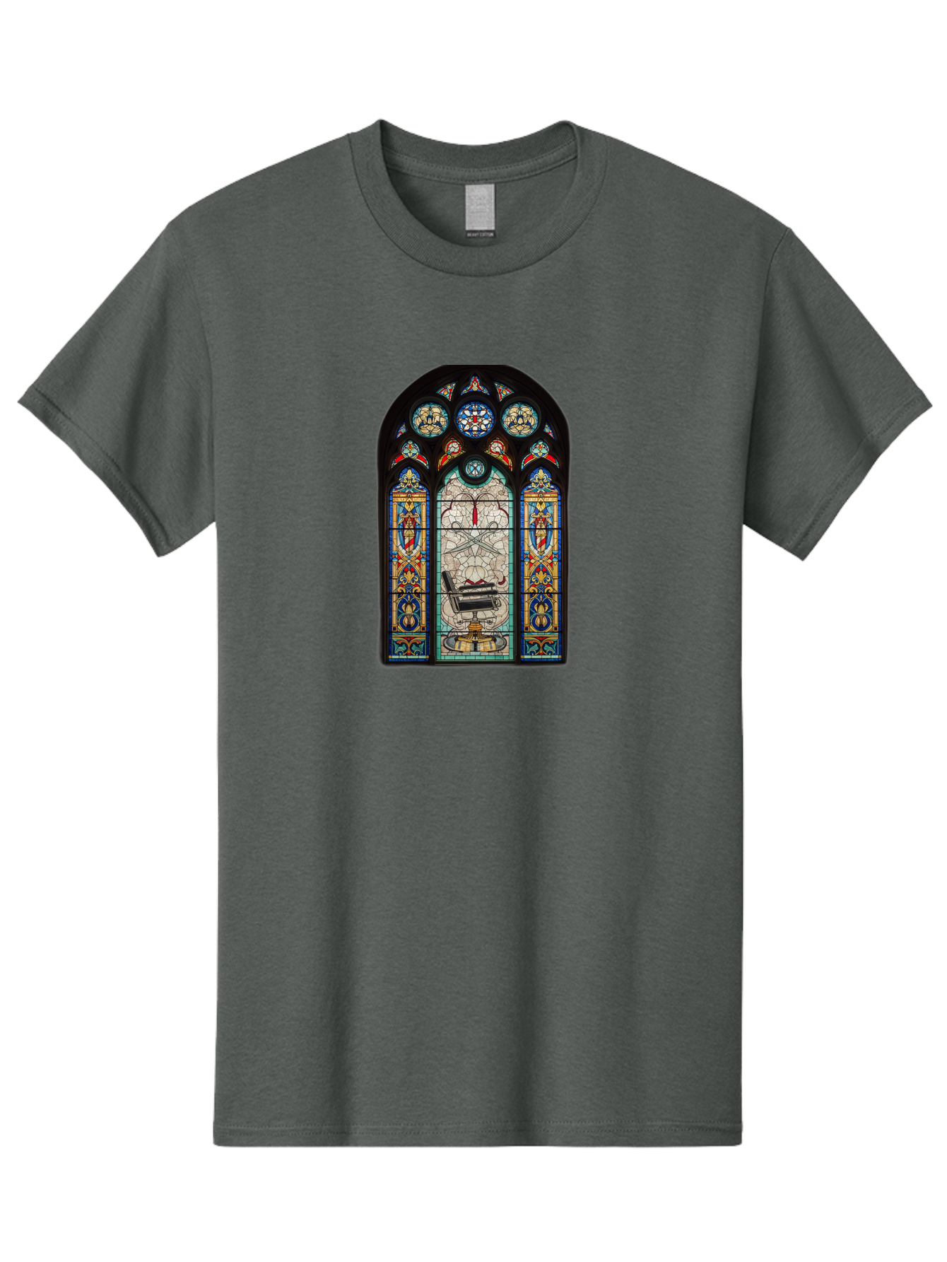 Stained-Glass-Window-With-Organ Men'S Graphic Tee, 100% Cotton, Comfortable Casual Summer Wear, Machine Washable, Stained Glass Art, Gothic Style, Religious Symbolism, Sacred Imagery, Colorful Patterns, Intricate Design, Ornate Details, Bad700