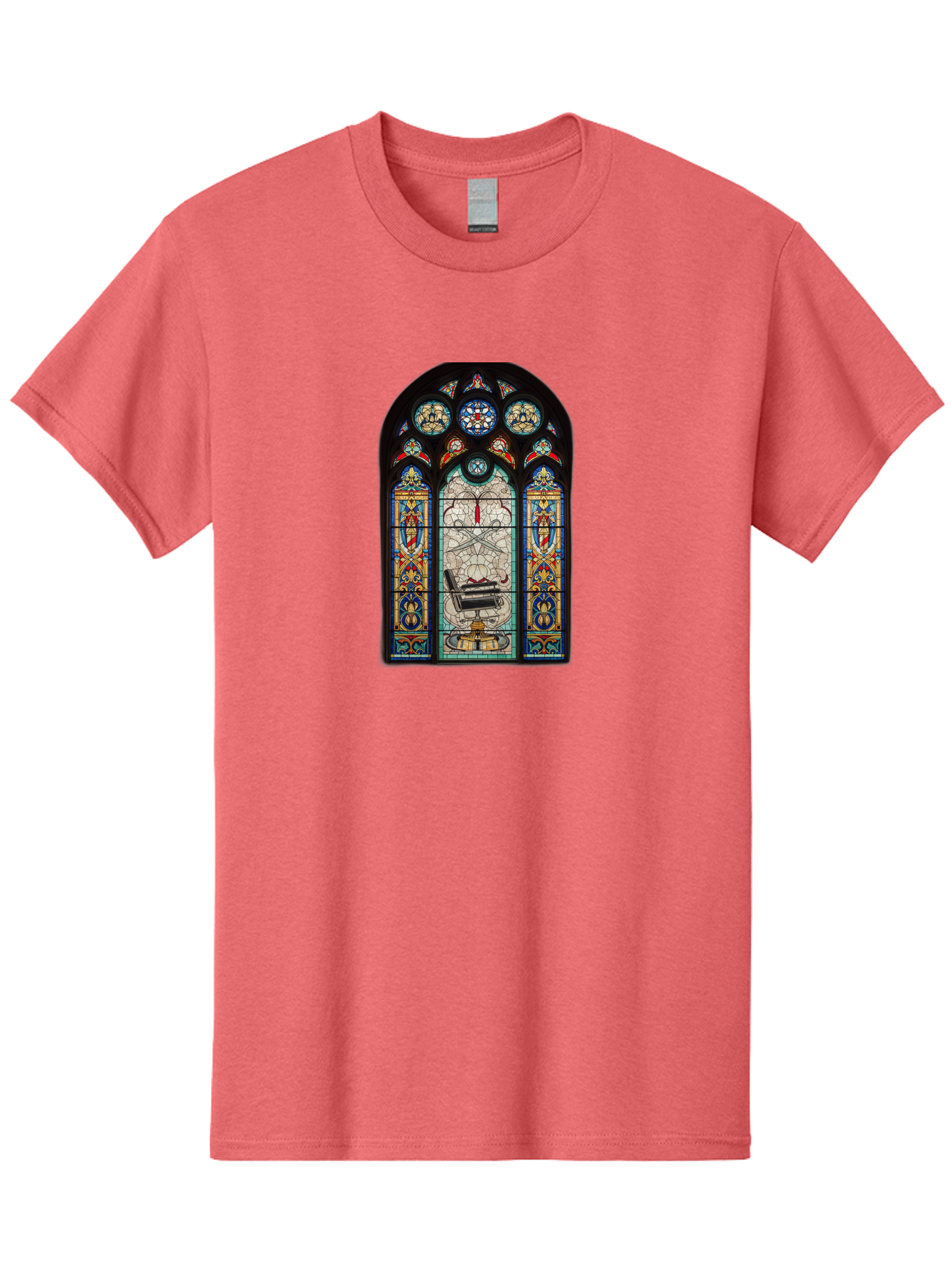 Stained-Glass-Window-With-Organ Men'S Graphic Tee, 100% Cotton, Comfortable Casual Summer Wear, Machine Washable, Stained Glass Art, Gothic Style, Religious Symbolism, Sacred Imagery, Colorful Patterns, Intricate Design, Ornate Details, Bad700
