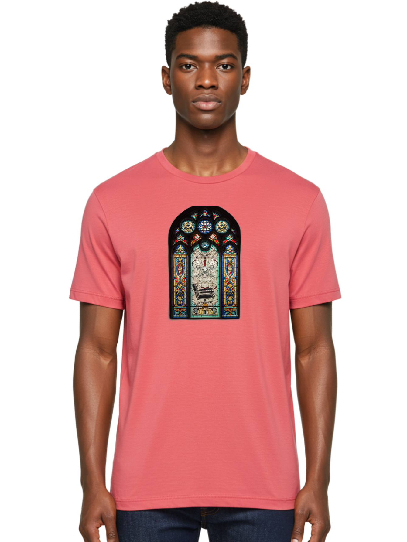 Stained-Glass-Window-With-Organ Men'S Graphic Tee, 100% Cotton, Comfortable Casual Summer Wear, Machine Washable, Stained Glass Art, Gothic Style, Religious Symbolism, Sacred Imagery, Colorful Patterns, Intricate Design, Ornate Details, Bad700