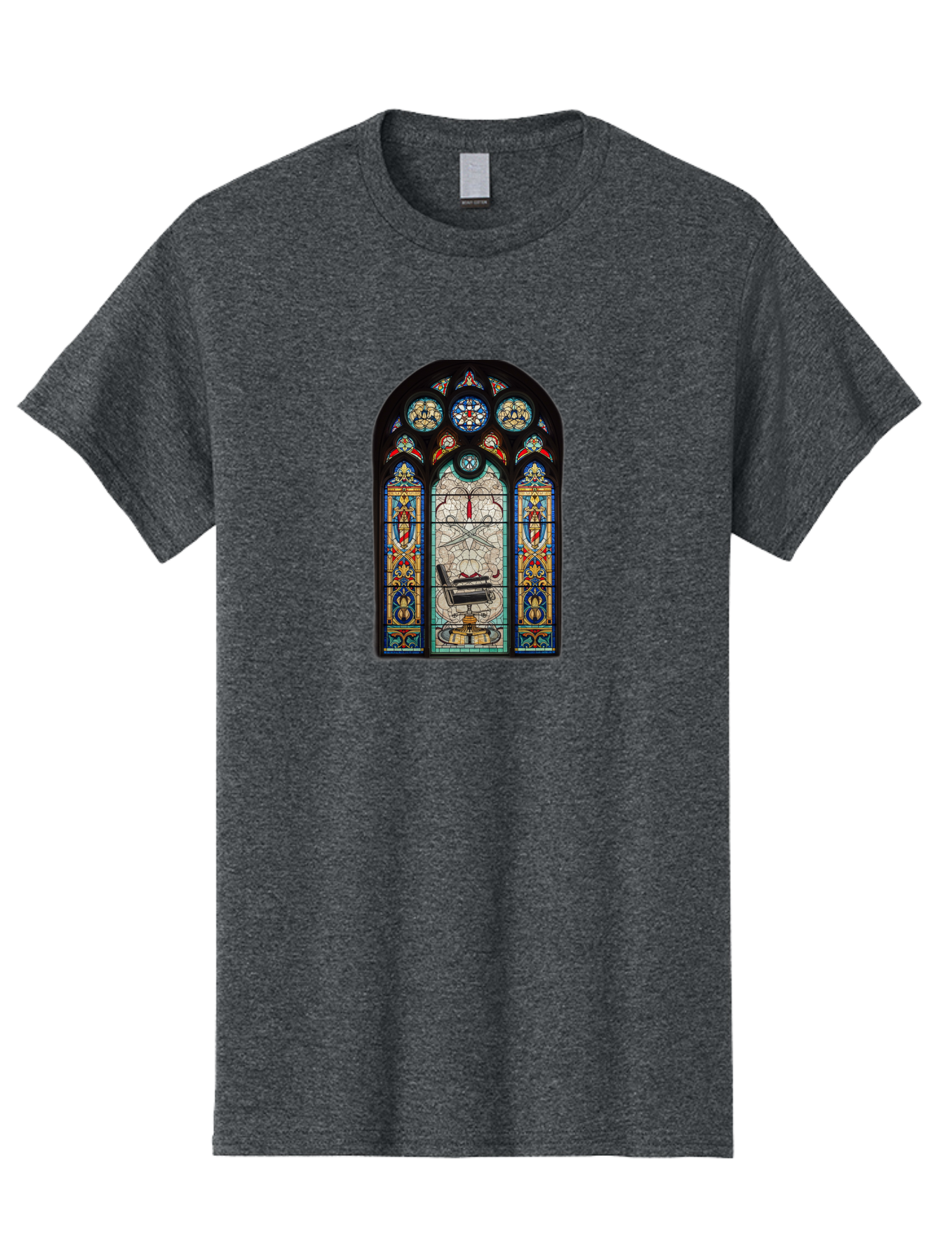 Stained-Glass-Window-With-Organ Men'S Graphic Tee, 100% Cotton, Comfortable Casual Summer Wear, Machine Washable, Stained Glass Art, Gothic Style, Religious Symbolism, Sacred Imagery, Colorful Patterns, Intricate Design, Ornate Details, Bad700