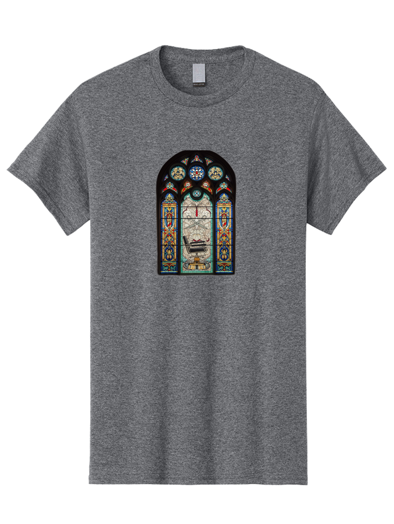 Stained-Glass-Window-With-Organ Men'S Graphic Tee, 100% Cotton, Comfortable Casual Summer Wear, Machine Washable, Stained Glass Art, Gothic Style, Religious Symbolism, Sacred Imagery, Colorful Patterns, Intricate Design, Ornate Details, Bad700