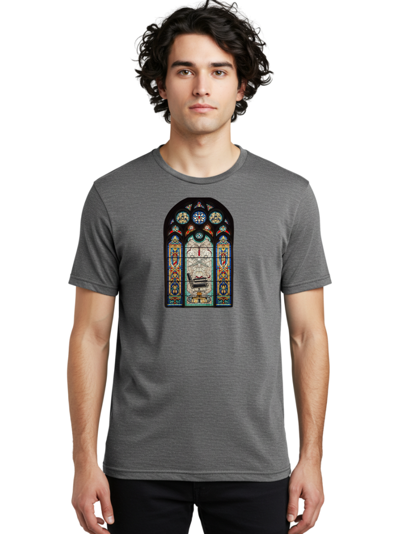 Stained-Glass-Window-With-Organ Men'S Graphic Tee, 100% Cotton, Comfortable Casual Summer Wear, Machine Washable, Stained Glass Art, Gothic Style, Religious Symbolism, Sacred Imagery, Colorful Patterns, Intricate Design, Ornate Details, Bad700
