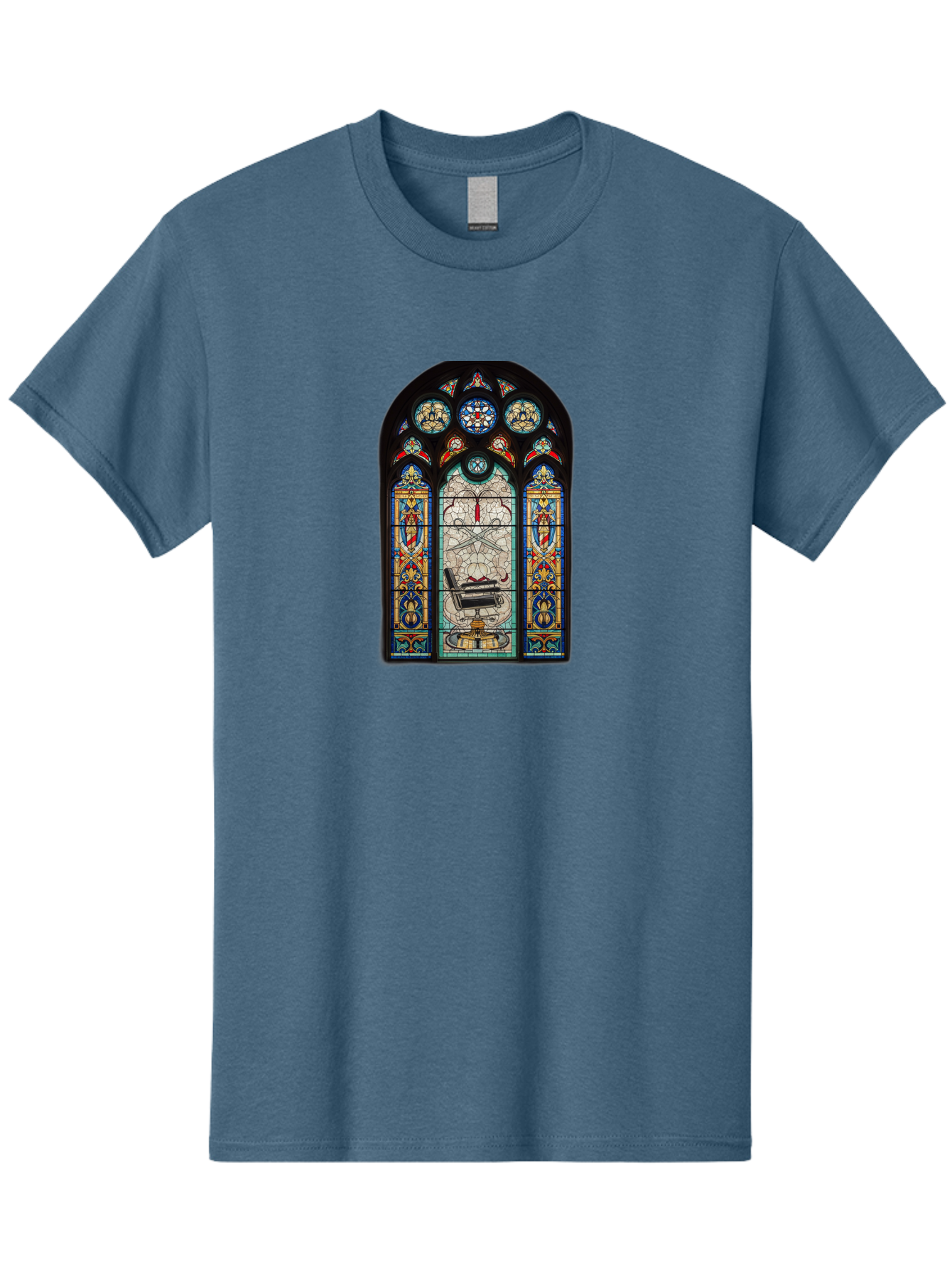 Stained-Glass-Window-With-Organ Men'S Graphic Tee, 100% Cotton, Comfortable Casual Summer Wear, Machine Washable, Stained Glass Art, Gothic Style, Religious Symbolism, Sacred Imagery, Colorful Patterns, Intricate Design, Ornate Details, Bad700