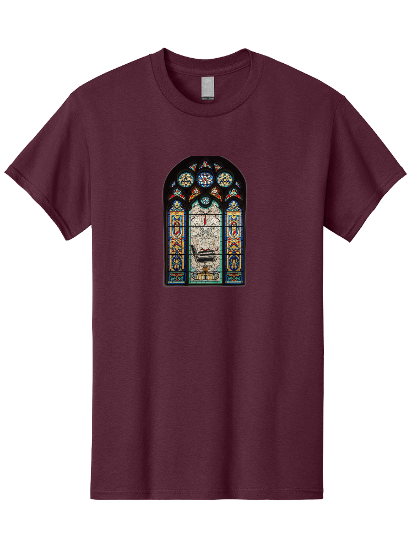 Stained-Glass-Window-With-Organ Men'S Graphic Tee, 100% Cotton, Comfortable Casual Summer Wear, Machine Washable, Stained Glass Art, Gothic Style, Religious Symbolism, Sacred Imagery, Colorful Patterns, Intricate Design, Ornate Details, Bad700