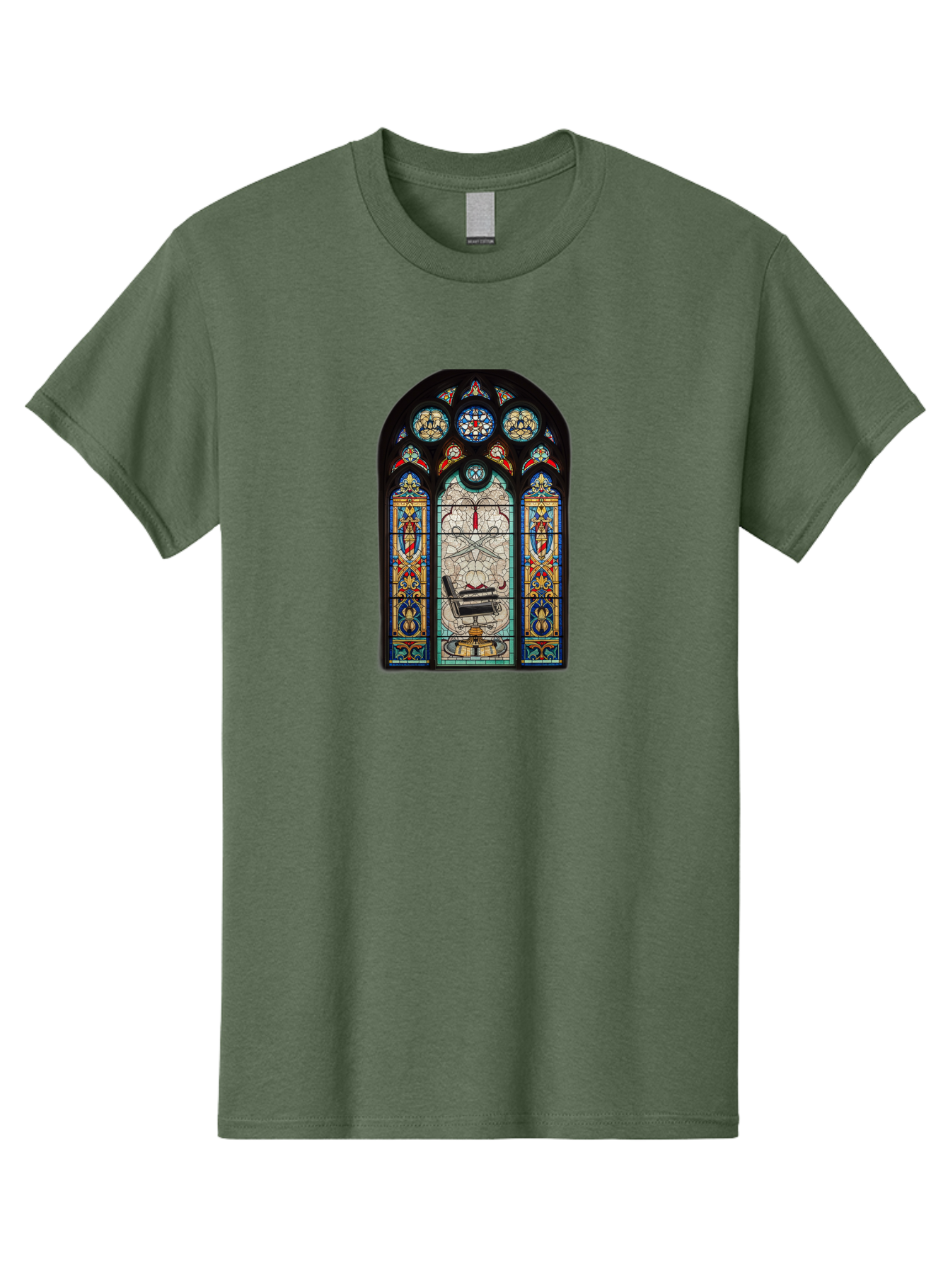 Stained-Glass-Window-With-Organ Men'S Graphic Tee, 100% Cotton, Comfortable Casual Summer Wear, Machine Washable, Stained Glass Art, Gothic Style, Religious Symbolism, Sacred Imagery, Colorful Patterns, Intricate Design, Ornate Details, Bad700