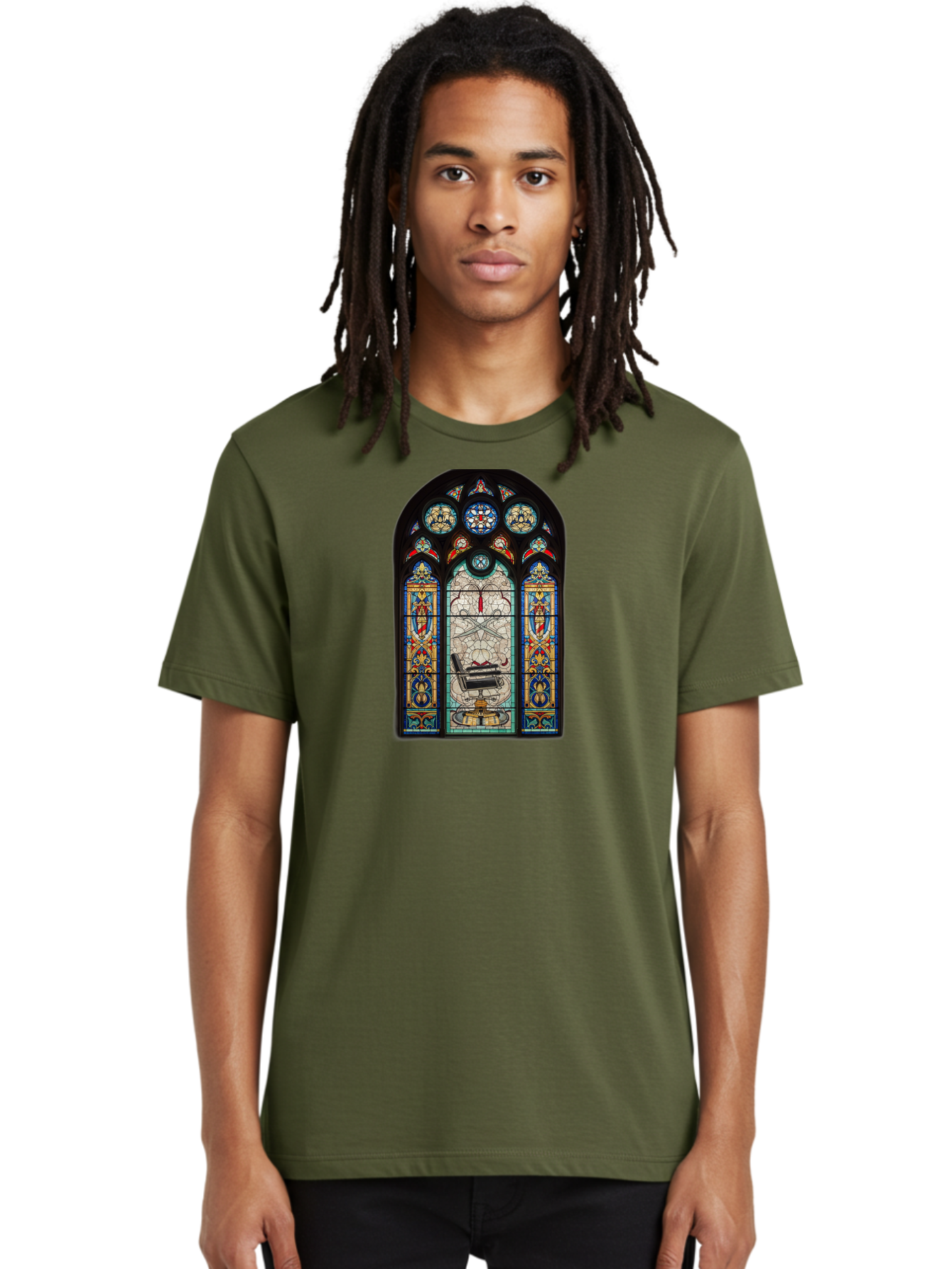Stained-Glass-Window-With-Organ Men'S Graphic Tee, 100% Cotton, Comfortable Casual Summer Wear, Machine Washable, Stained Glass Art, Gothic Style, Religious Symbolism, Sacred Imagery, Colorful Patterns, Intricate Design, Ornate Details, Bad700