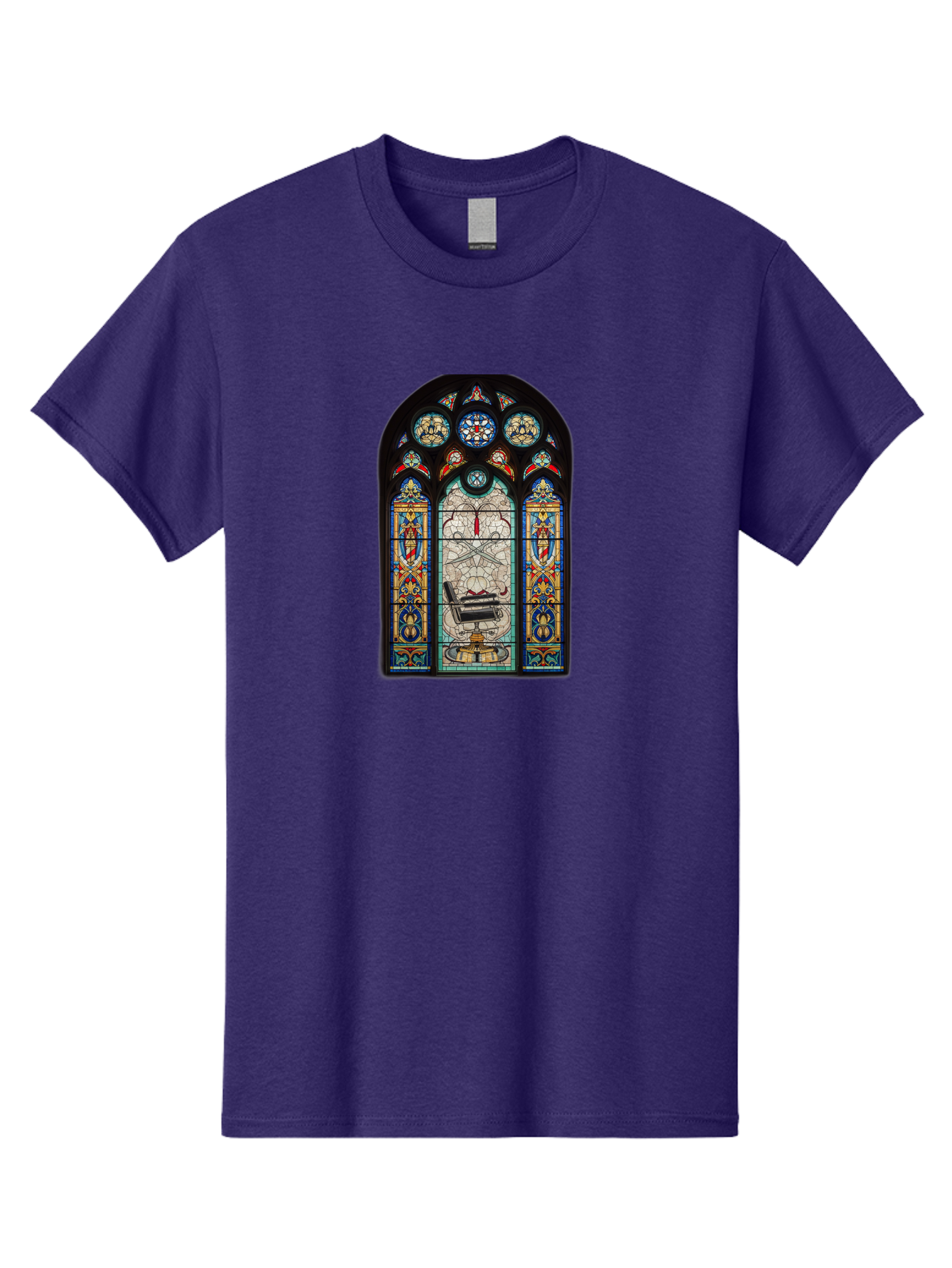 Stained-Glass-Window-With-Organ Men'S Graphic Tee, 100% Cotton, Comfortable Casual Summer Wear, Machine Washable, Stained Glass Art, Gothic Style, Religious Symbolism, Sacred Imagery, Colorful Patterns, Intricate Design, Ornate Details, Bad700