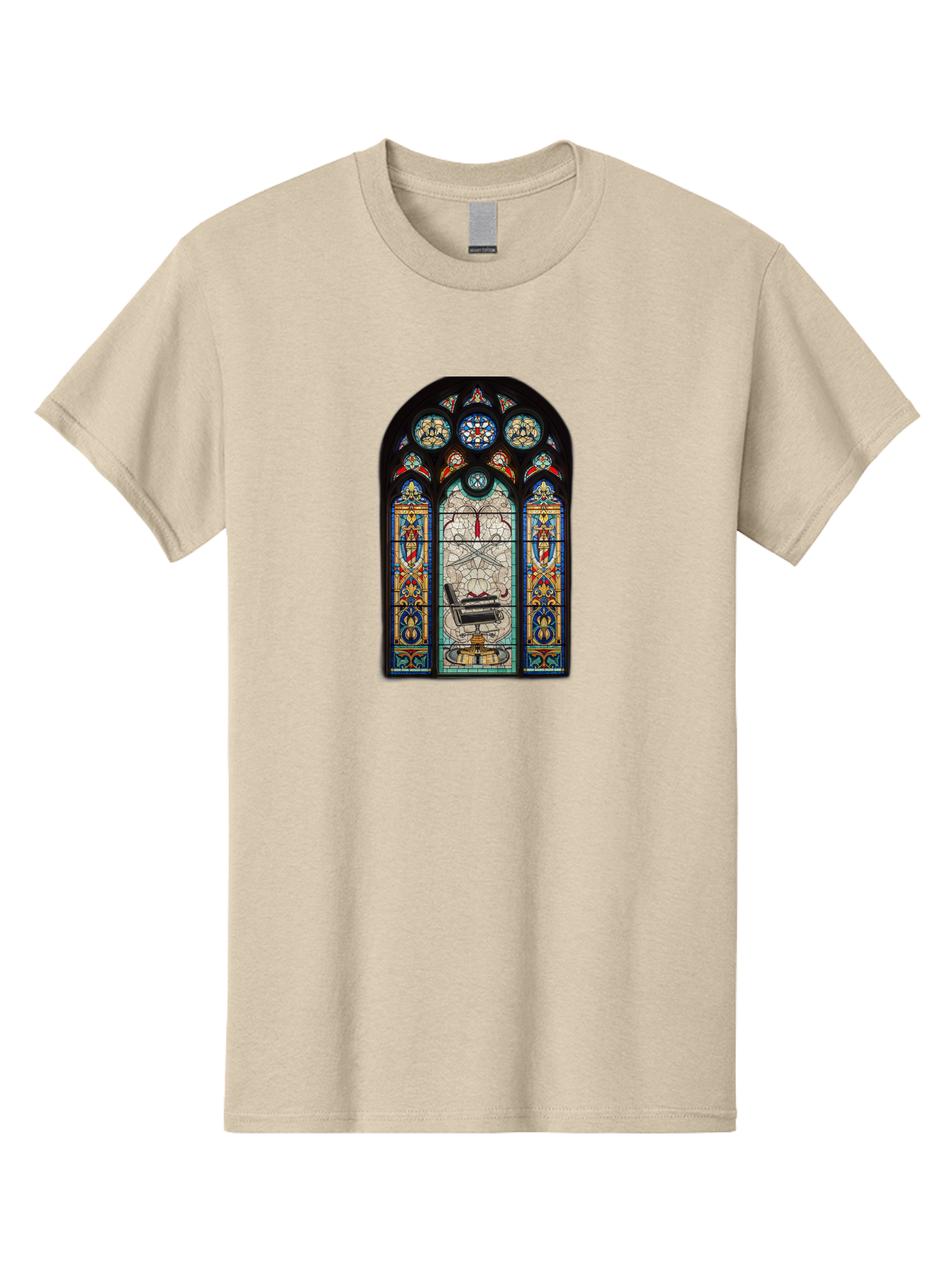 Stained-Glass-Window-With-Organ Men'S Graphic Tee, 100% Cotton, Comfortable Casual Summer Wear, Machine Washable, Stained Glass Art, Gothic Style, Religious Symbolism, Sacred Imagery, Colorful Patterns, Intricate Design, Ornate Details, Bad700
