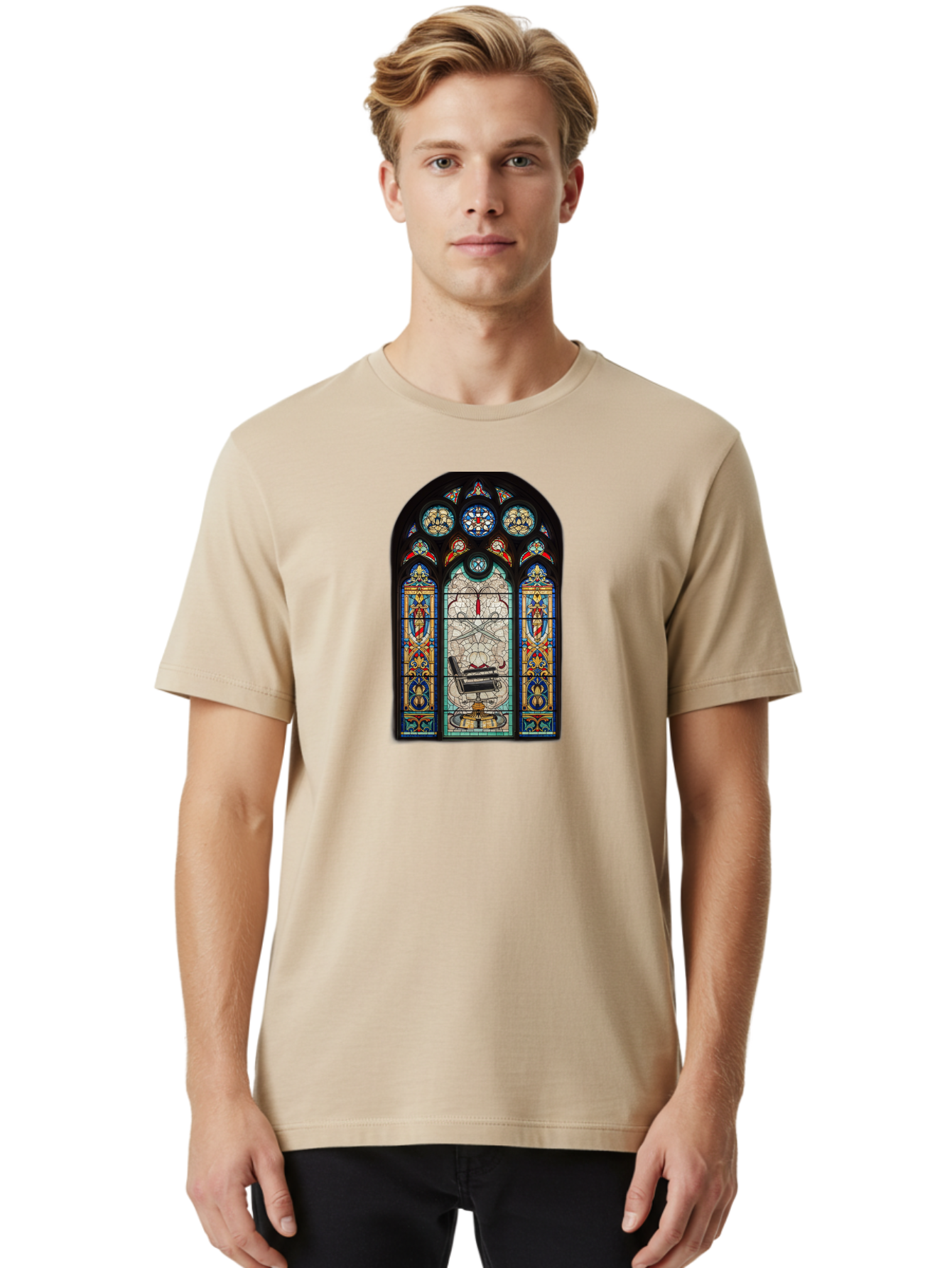 Stained-Glass-Window-With-Organ Men'S Graphic Tee, 100% Cotton, Comfortable Casual Summer Wear, Machine Washable, Stained Glass Art, Gothic Style, Religious Symbolism, Sacred Imagery, Colorful Patterns, Intricate Design, Ornate Details, Bad700