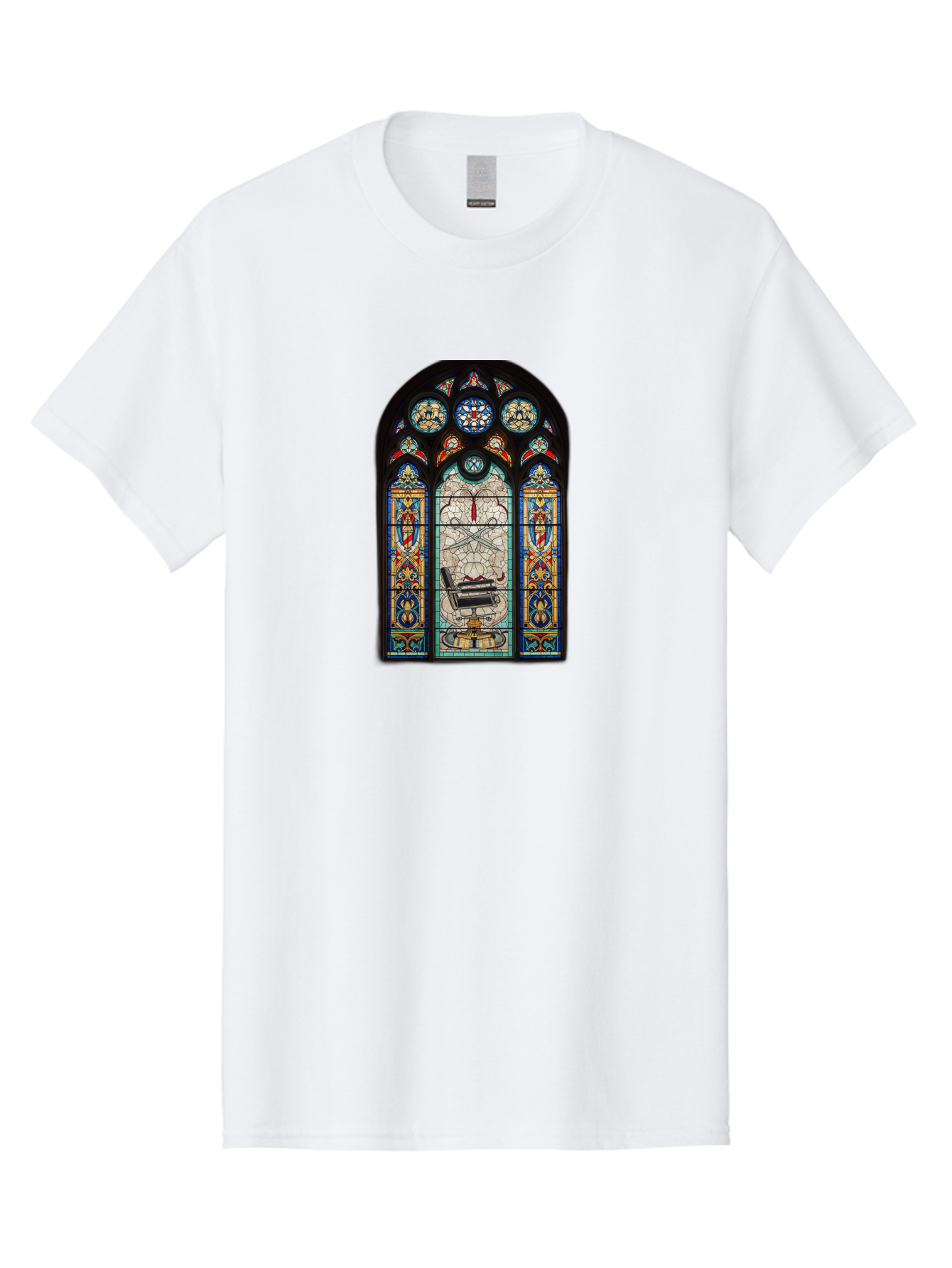 Stained-Glass-Window-With-Organ Men'S Graphic Tee, 100% Cotton, Comfortable Casual Summer Wear, Machine Washable, Stained Glass Art, Gothic Style, Religious Symbolism, Sacred Imagery, Colorful Patterns, Intricate Design, Ornate Details, Bad700