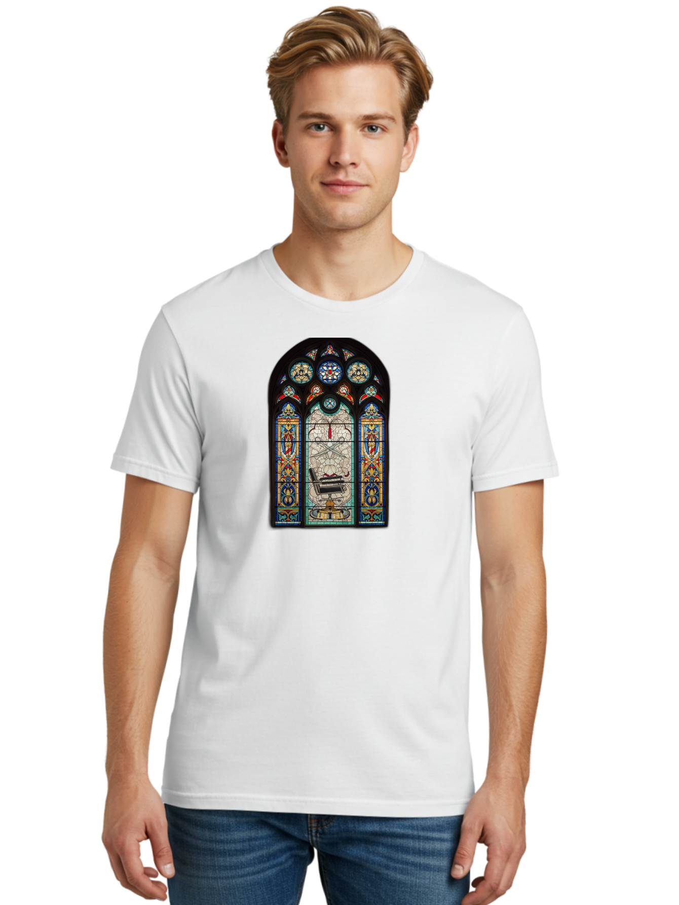 Stained-Glass-Window-With-Organ Men'S Graphic Tee, 100% Cotton, Comfortable Casual Summer Wear, Machine Washable, Stained Glass Art, Gothic Style, Religious Symbolism, Sacred Imagery, Colorful Patterns, Intricate Design, Ornate Details, Bad700