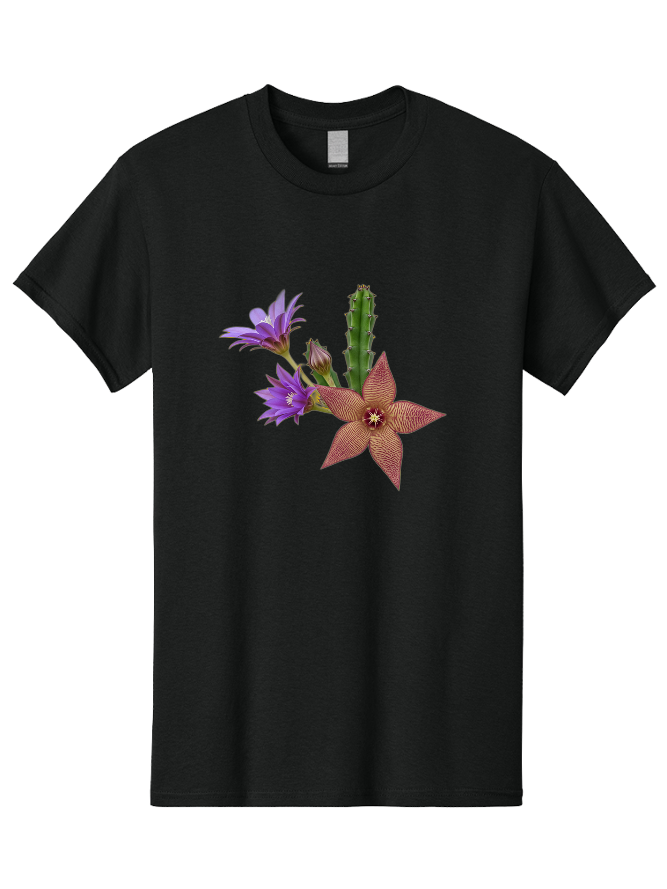 Stapelia-Grandiflora Men'S Graphic Tee, 100% Cotton, Comfortable Casual Summer Wear, Machine Washable, Starfish Cactus, Carrion Flowers, Succulent Plant, Exotic Blooms, Desert Flora, Unusual Flowers, Purple And Brown Petals, Unique Texture, Bad701