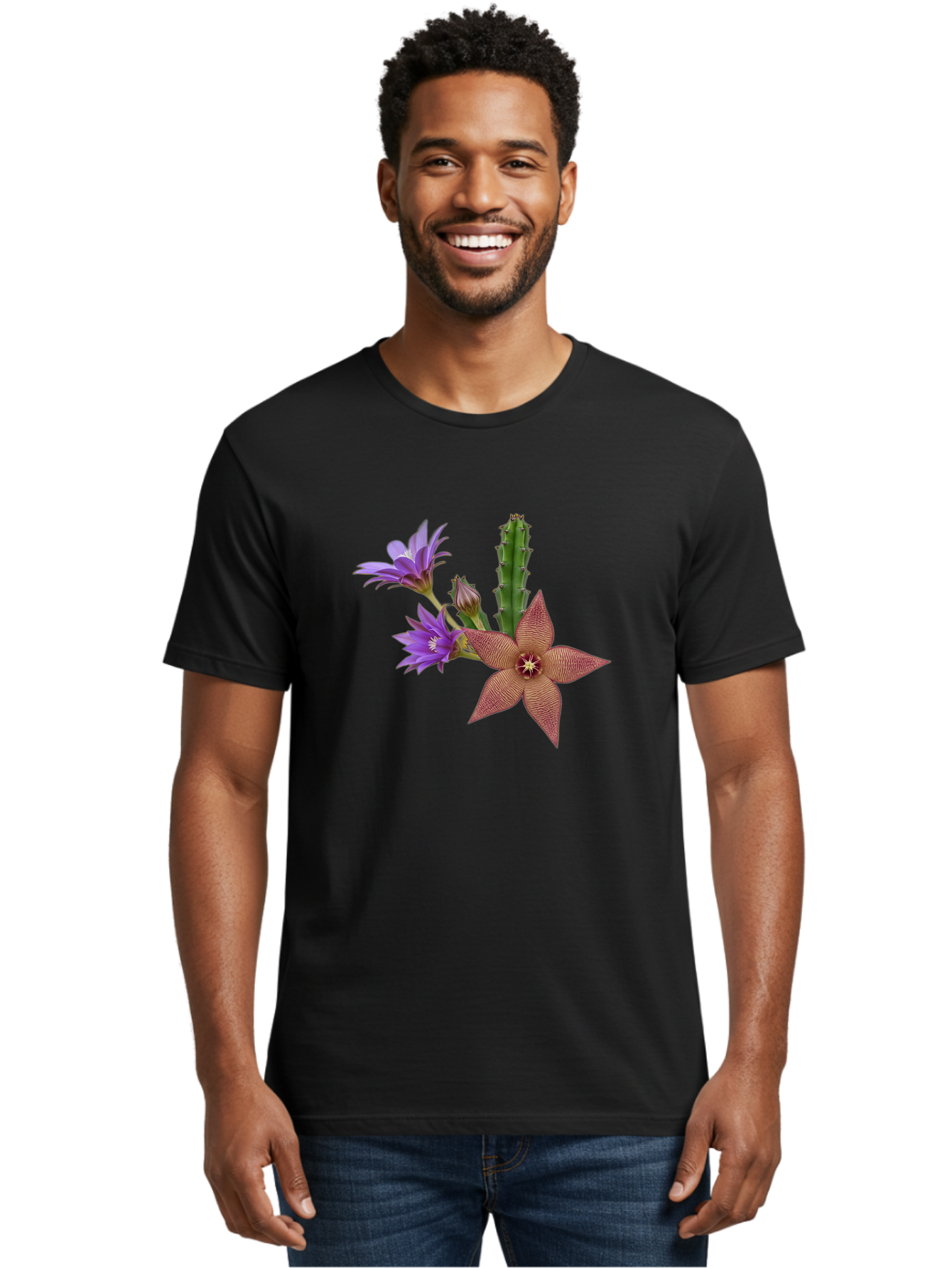 Stapelia-Grandiflora Men'S Graphic Tee, 100% Cotton, Comfortable Casual Summer Wear, Machine Washable, Starfish Cactus, Carrion Flowers, Succulent Plant, Exotic Blooms, Desert Flora, Unusual Flowers, Purple And Brown Petals, Unique Texture, Bad701