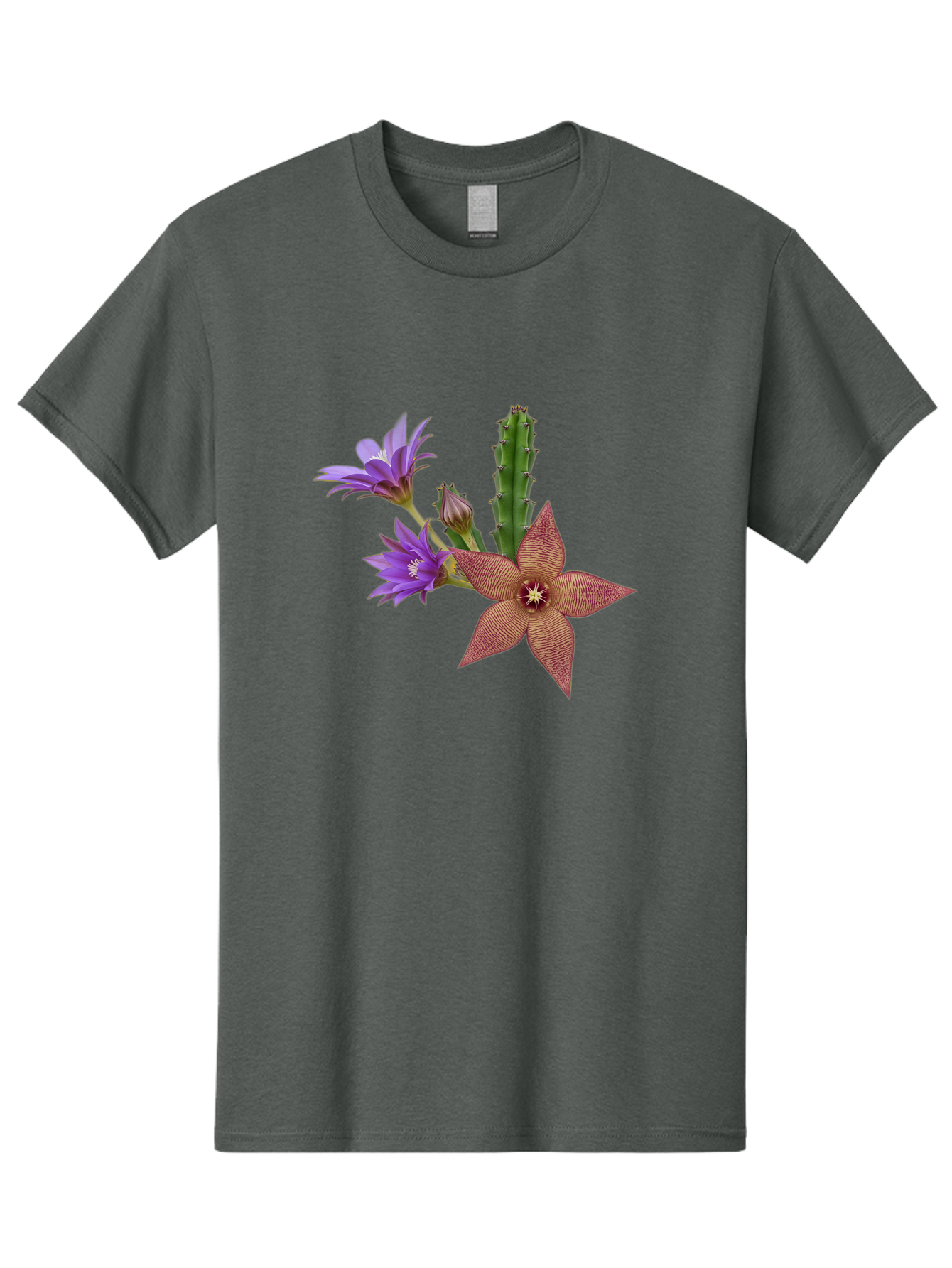 Stapelia-Grandiflora Men'S Graphic Tee, 100% Cotton, Comfortable Casual Summer Wear, Machine Washable, Starfish Cactus, Carrion Flowers, Succulent Plant, Exotic Blooms, Desert Flora, Unusual Flowers, Purple And Brown Petals, Unique Texture, Bad701