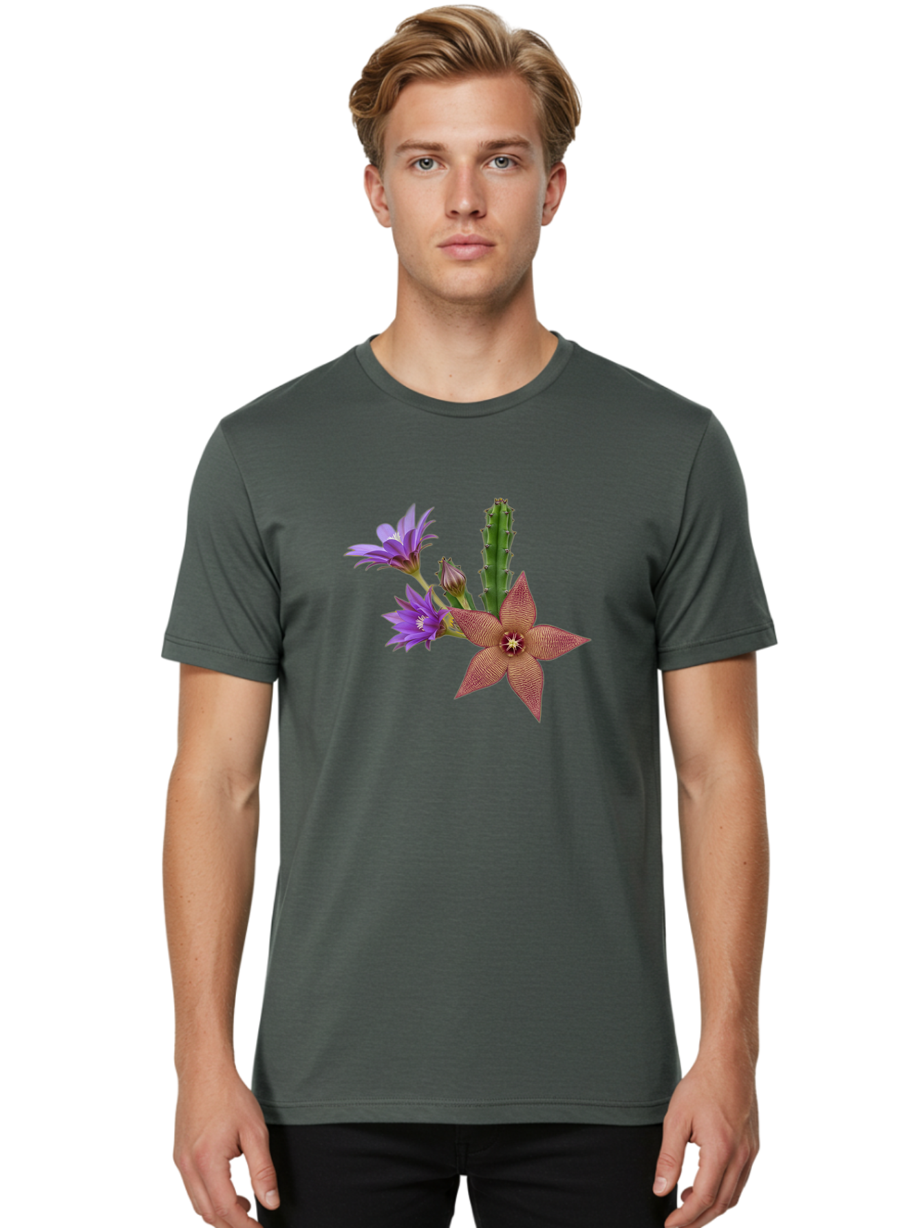 Stapelia-Grandiflora Men'S Graphic Tee, 100% Cotton, Comfortable Casual Summer Wear, Machine Washable, Starfish Cactus, Carrion Flowers, Succulent Plant, Exotic Blooms, Desert Flora, Unusual Flowers, Purple And Brown Petals, Unique Texture, Bad701